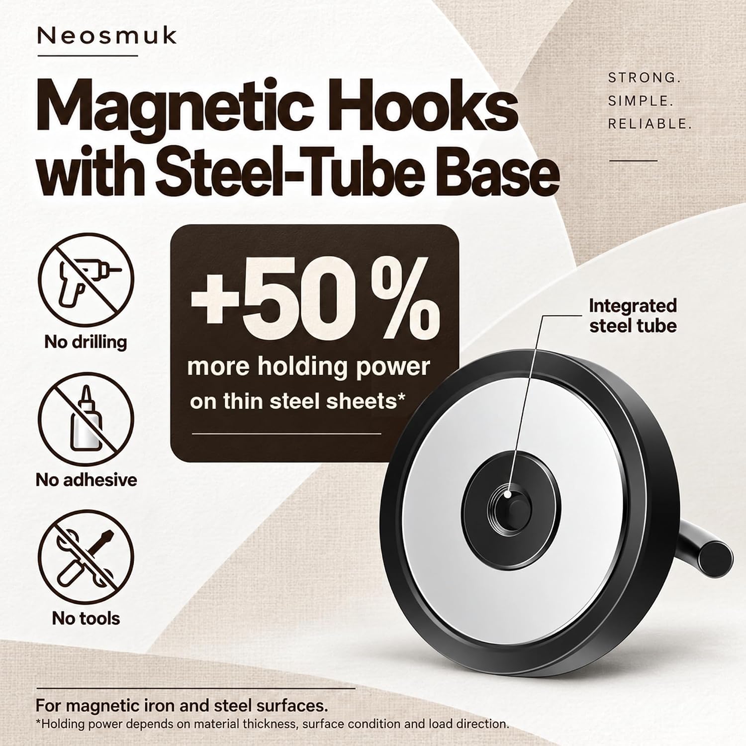 Detalle 2 de Neosmuk Steel Tube Magnetic Hooks, Black 6-Pack for Metal Surfaces