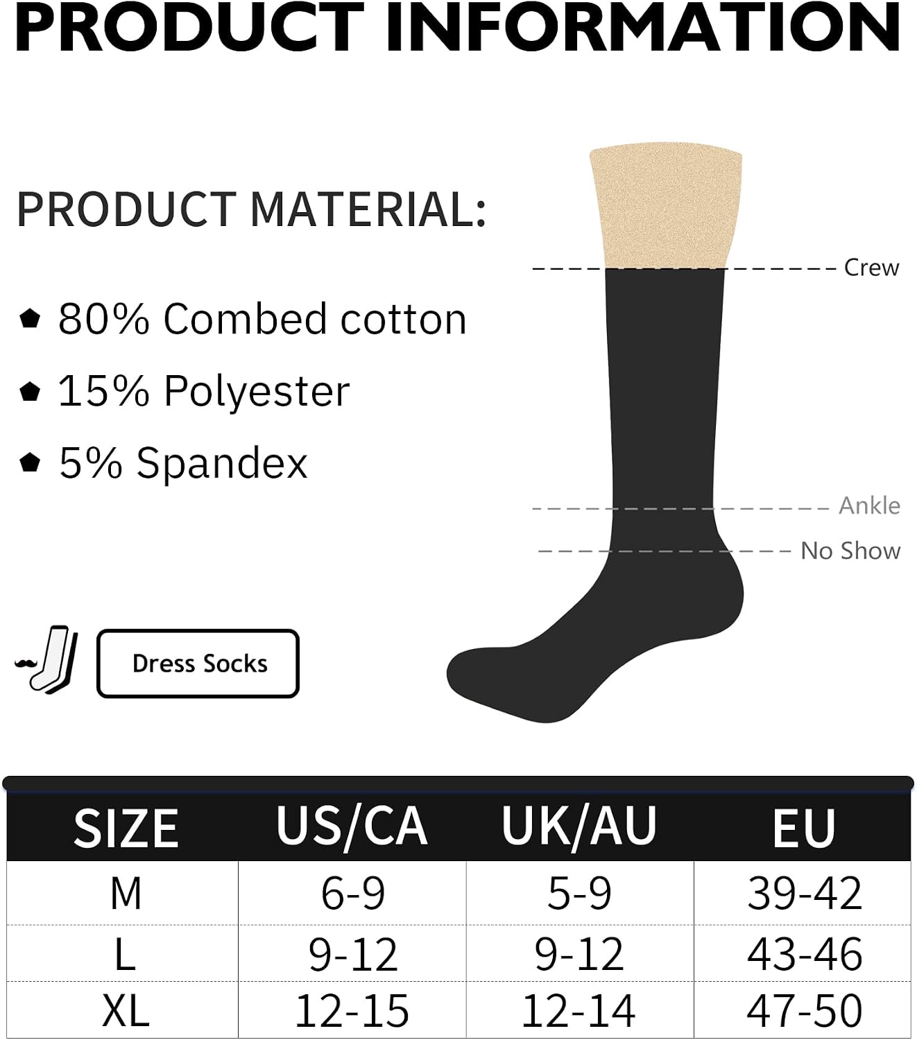 Detalle de CLOSEMATE Men's Dress Socks, 6-Pair Cotton Blend with Reinforced Heel and Toe