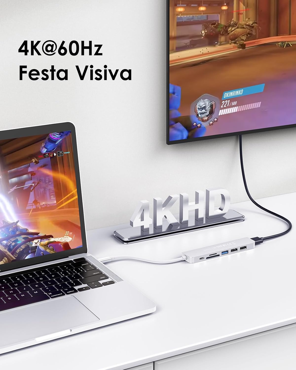 Detalle de LENTION Hub USB-C 7 in 1 con HDMI 4K 60Hz e PD 100W, lettore SD/TF (argento)