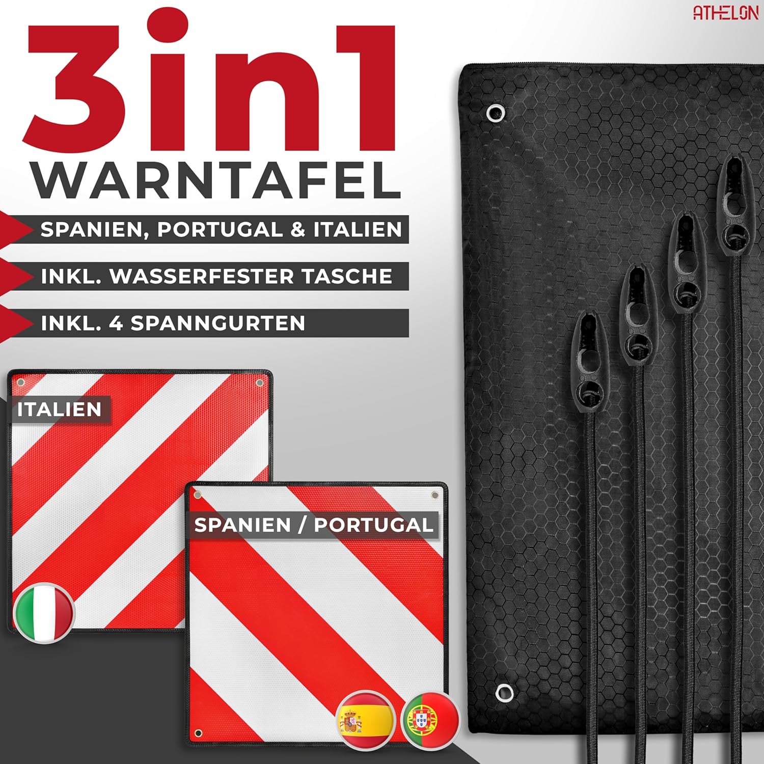 Thumbnail 1 de ATHELON® 3in1 Warntafel für Italien, Spanien & Portugal – reflektierendes Warnschild inkl. 4 Spanngurte & Schutzhülle