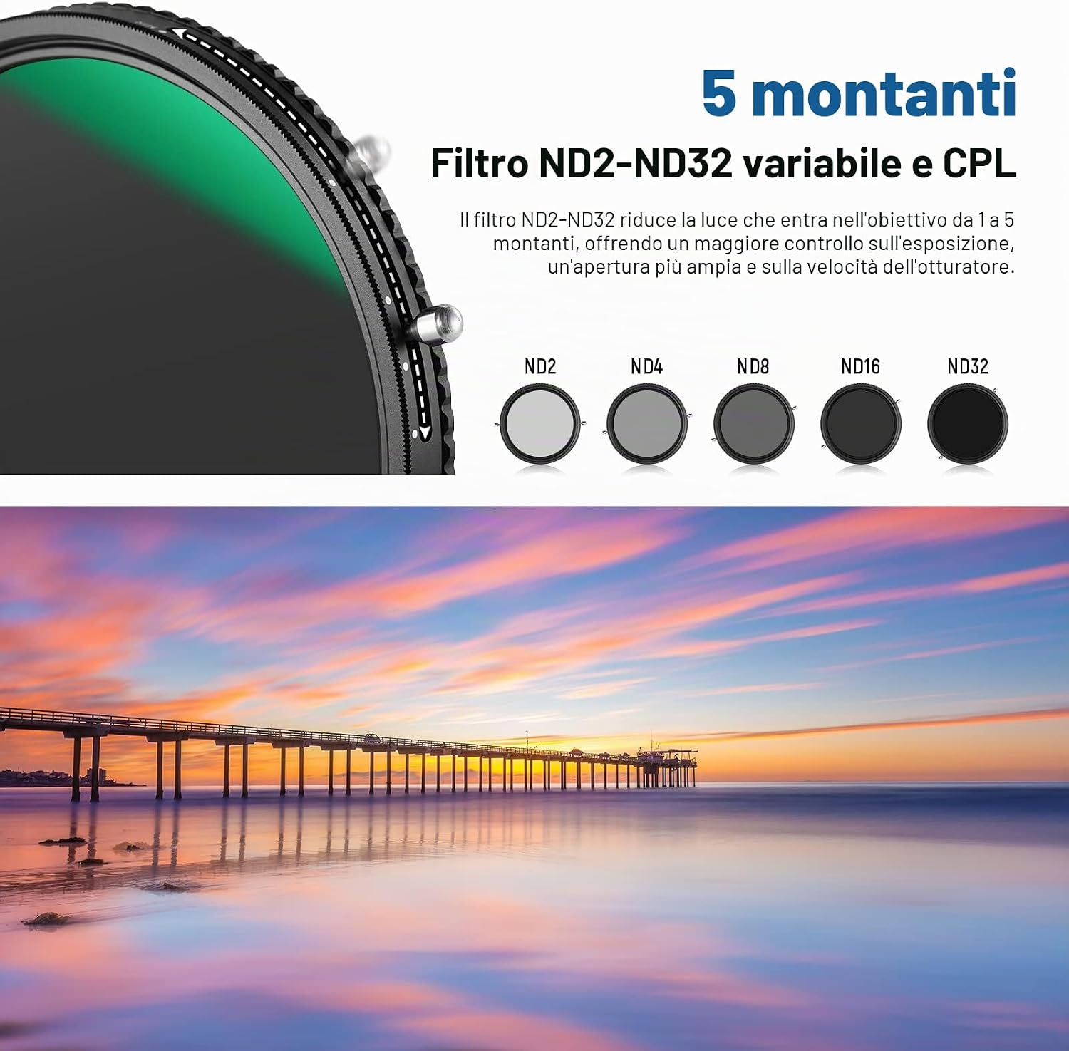 Detalle 2 de NEEWER Filtro ND Variabile 2 in 1 67mm ND2-ND32 + CPL senza croce – vetro ottico HD, 30 strati nano coating