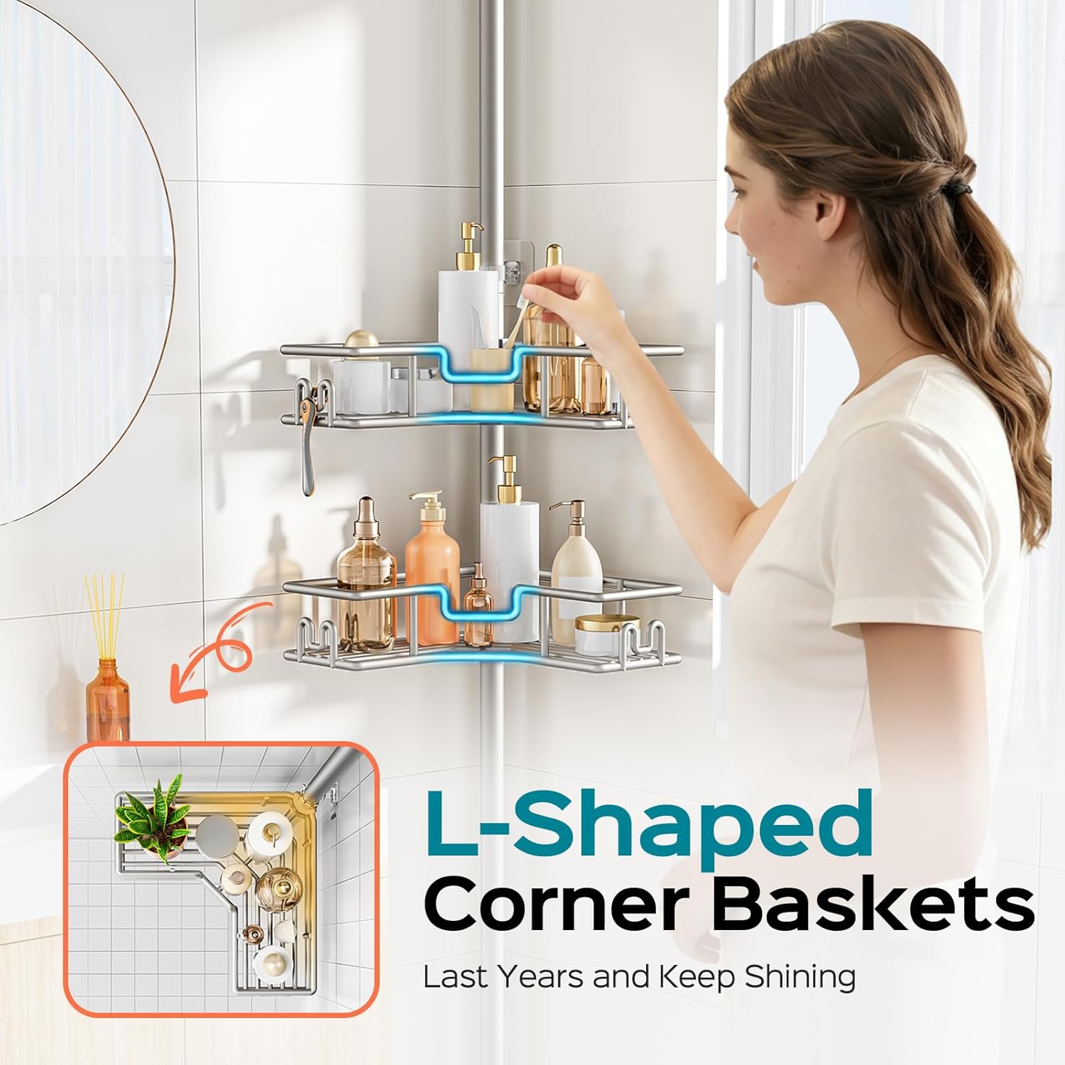 Thumbnail 2 de HAMITOR Telescopic Shower Caddy Corner: 4-Tier No-Drill Rustproof Storage for Renters