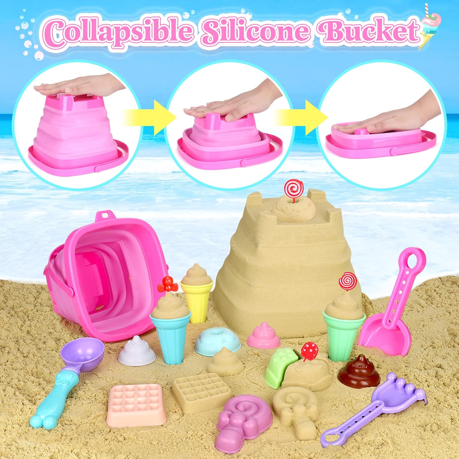 Thumbnail 1 de Collapsible Beach Toys Set: 19-Piece Ice Cream Sand Playset for Kids (3–10) with Mesh Bag