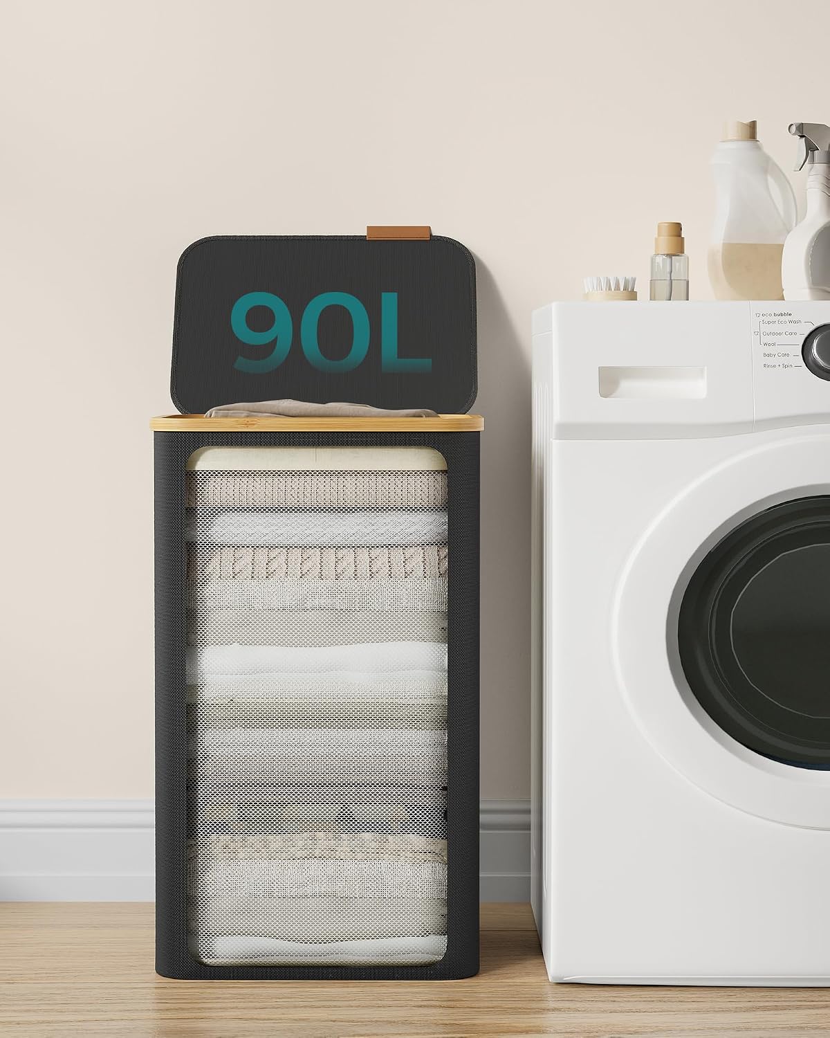 Detalle de SONGMICS ROXANNE LCB509B01 tvättkorg 90 l med lock och uttagbar tvättpåse