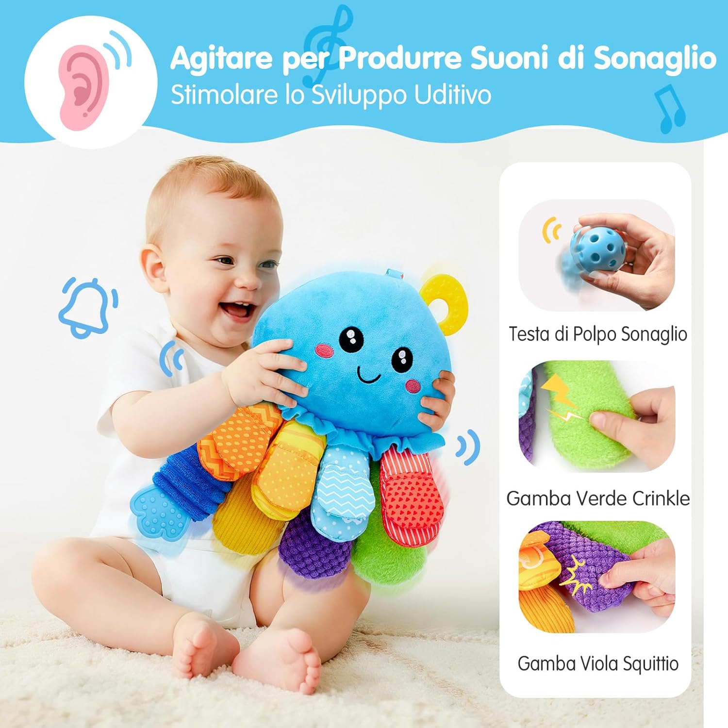 Thumbnail 2 de Peluche polpo multisensoriale Hahaland Giochi Montessori (6 mesi) con sonaglio, specchio e anelli da dentizione
