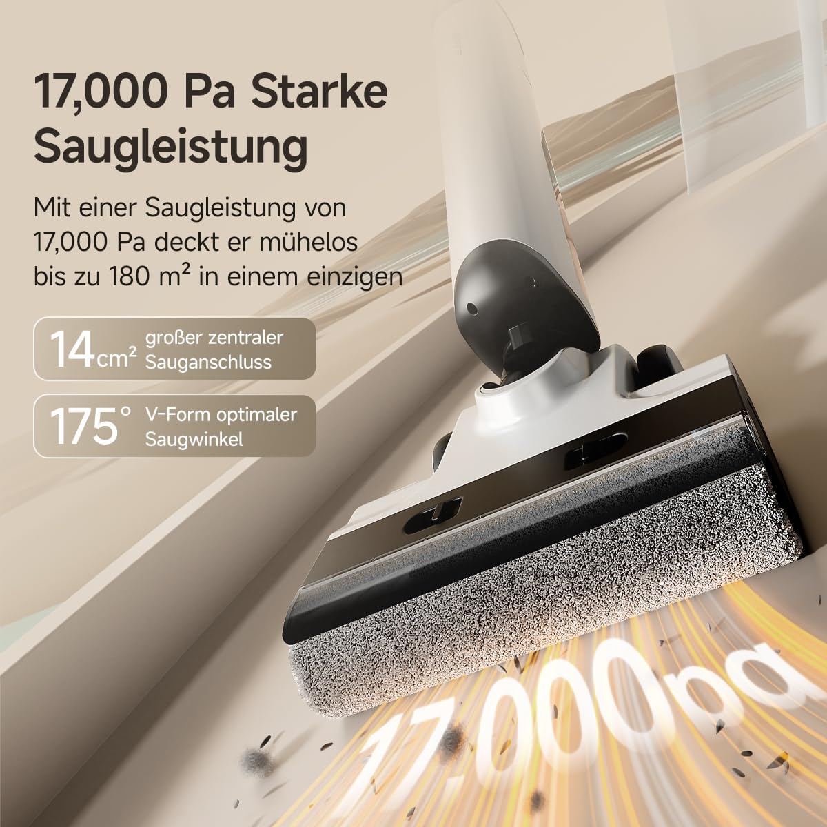 Detalle 2 de UWANT D500 Nass- und Trockensauger – 180° Lay-Flat, Desodorierung, 17.000 Pa Saugkraft, IPX6 Bodenbürste