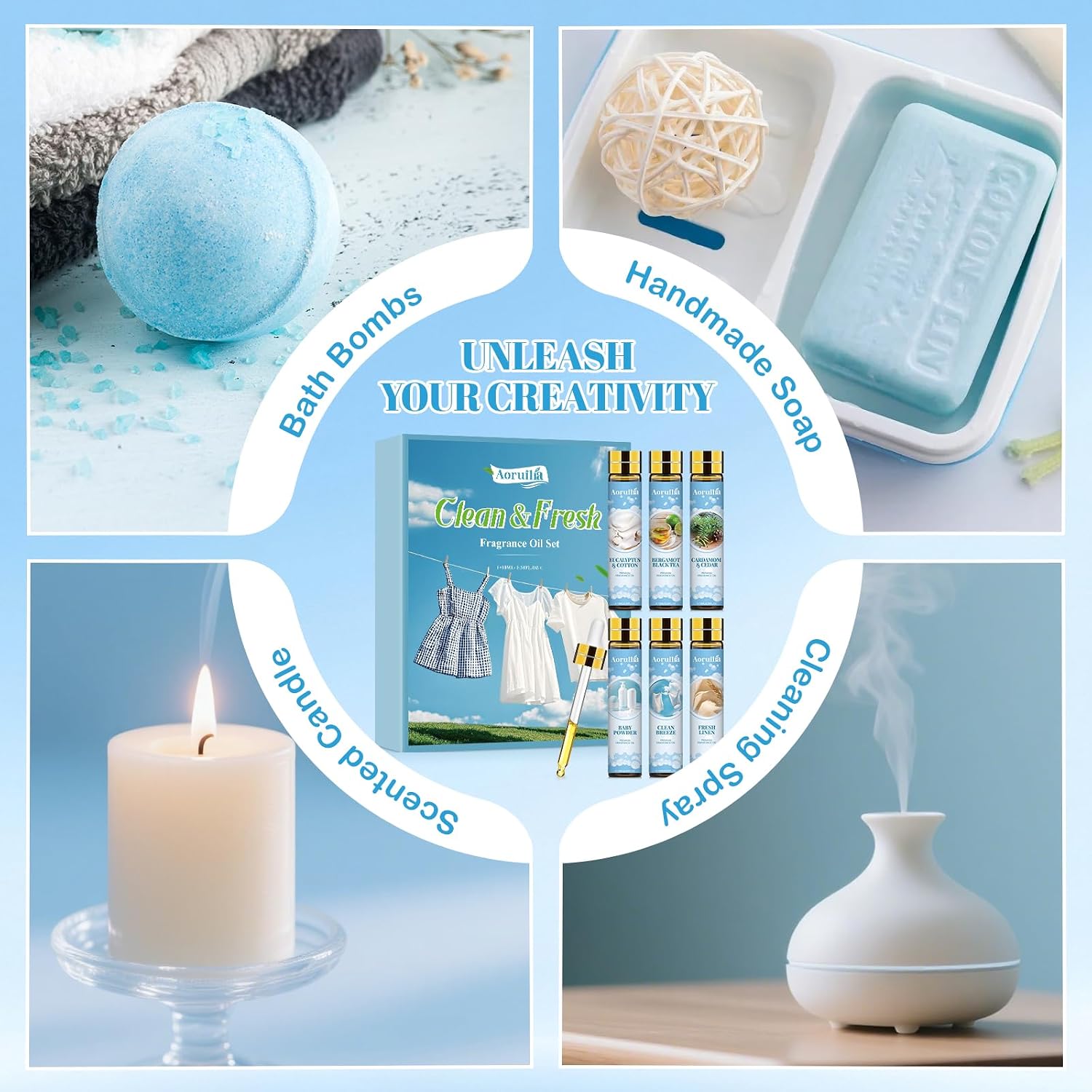 Thumbnail 6 de Aoruilia Clean Essential Oils Set 6 x 10ml — Eucalyptus & Cotton, Bergamot Black Tea, Cardamom & Cedar, Baby Powder, Clean Breeze, Fresh Linen