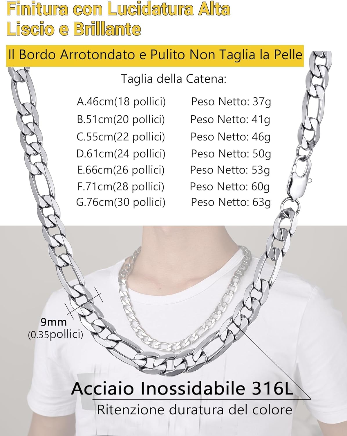 Thumbnail 5 de PROSTEEL Collana Catena Semplice da Uomo a Modello Maglia Figaro 3+1 in Acciaio Inox 316L - 4/6/9/13 mm, Oro o Argento, Confezione Regalo