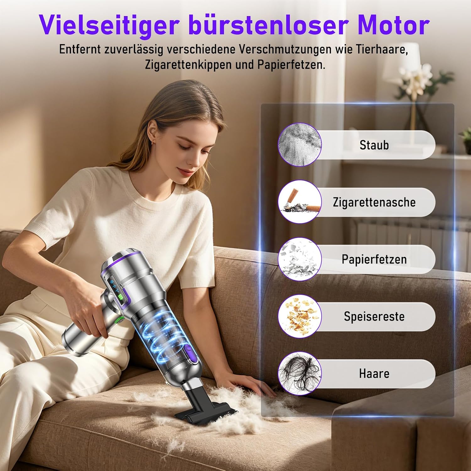 Detalle 2 de botatio Handstaubsauger 25000Pa 4-in-1 mit Display & Selbstentleerung – 3-Stufen Motor, Akku, Silber