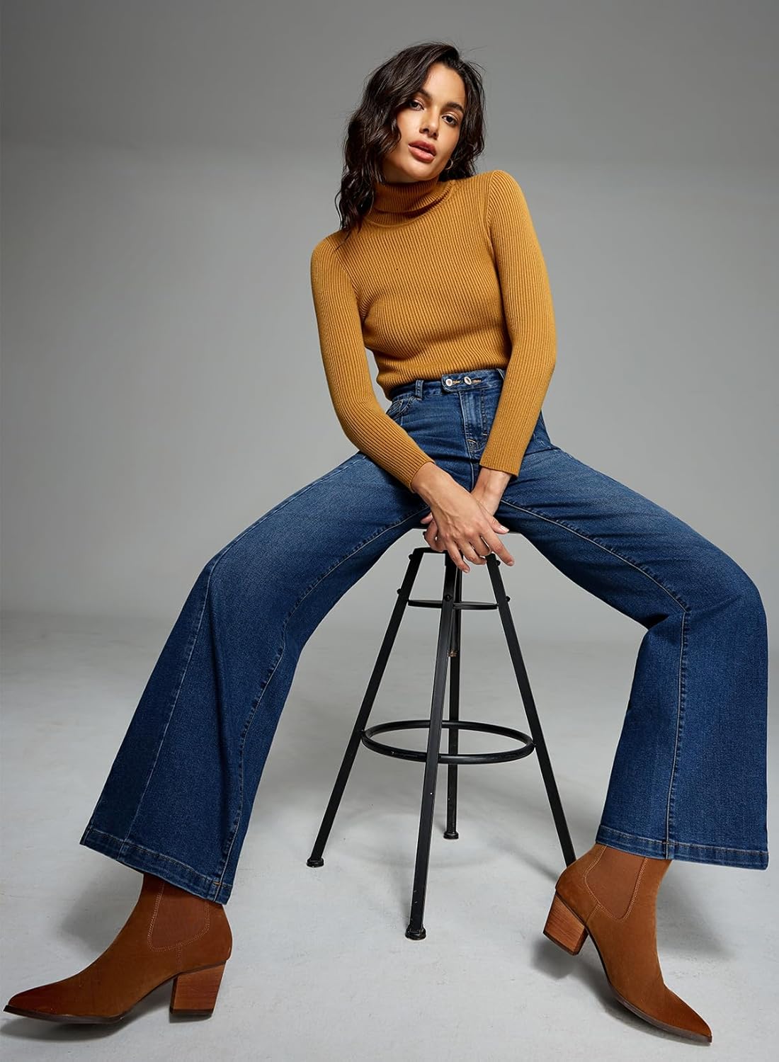 Detalle 2 de Sidefeel Women’s Wide Leg High-Waisted Stretch Baggy Front Seam Jeans