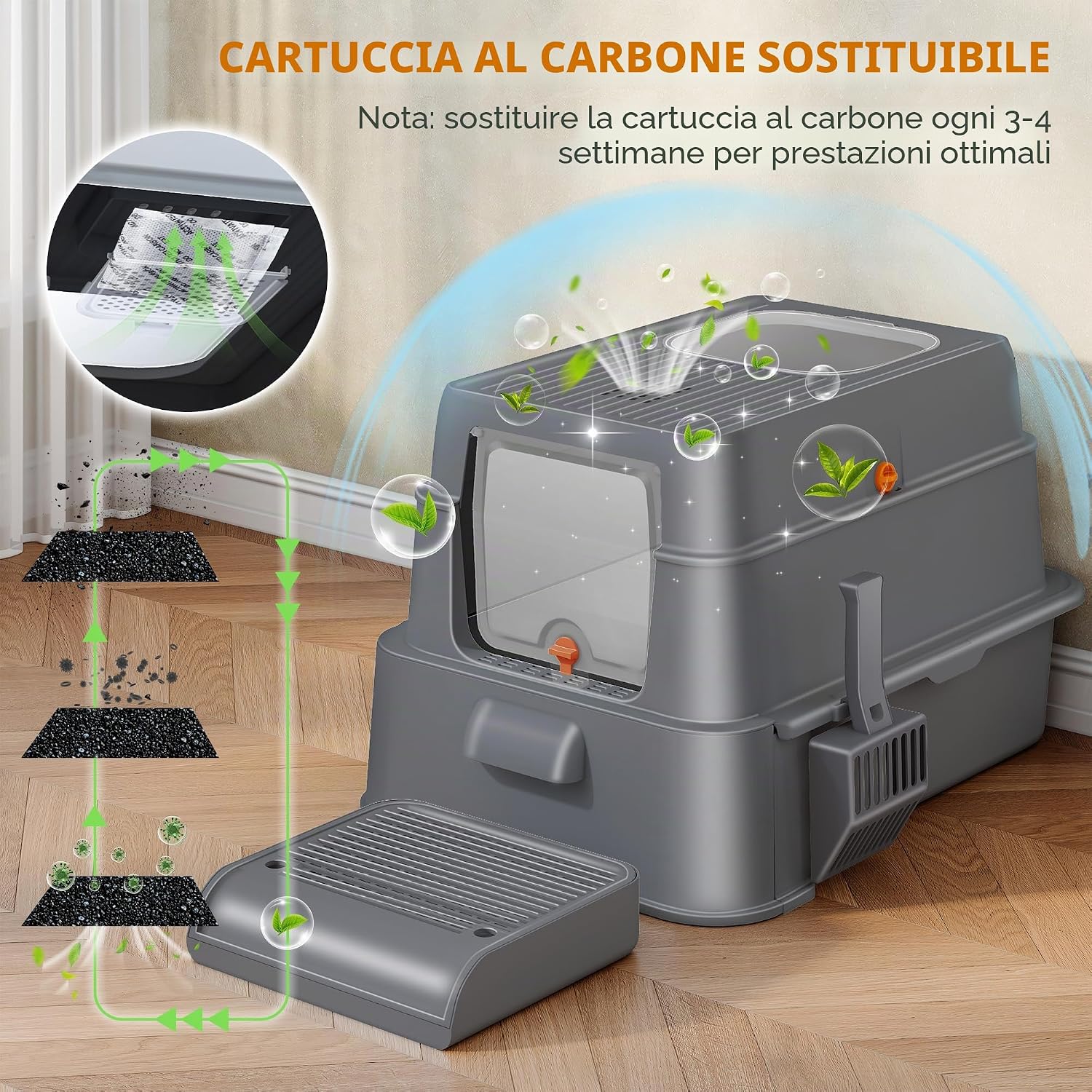 Detalle de Lettiera in acciaio inox Fobyfurny con cassetto e coperchio – XXL 65L x 44I x 40H cm