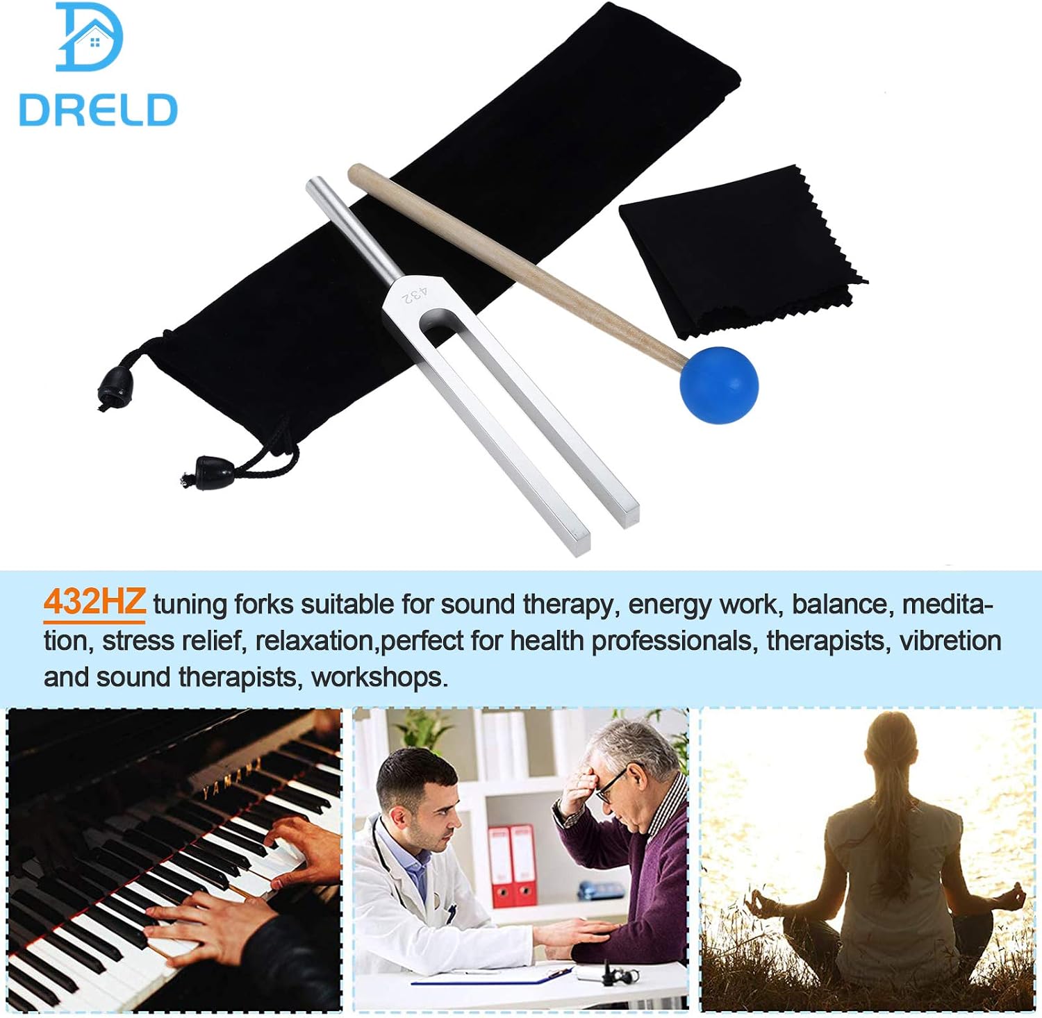 Detalle de DRELD 432 Hz Stimmgabel – Aluminiumlegierung, Silikonhammer und Samtbeutel