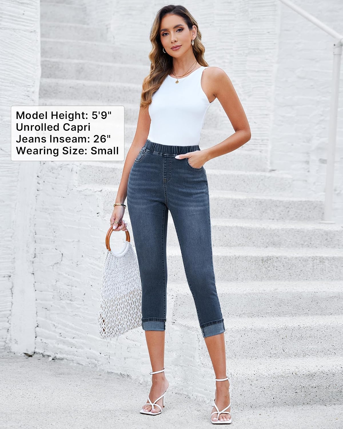 Detalle de GRAPENT Pull-On High-Waisted Skinny Capri Jeans (Cropped Stretch Denim)