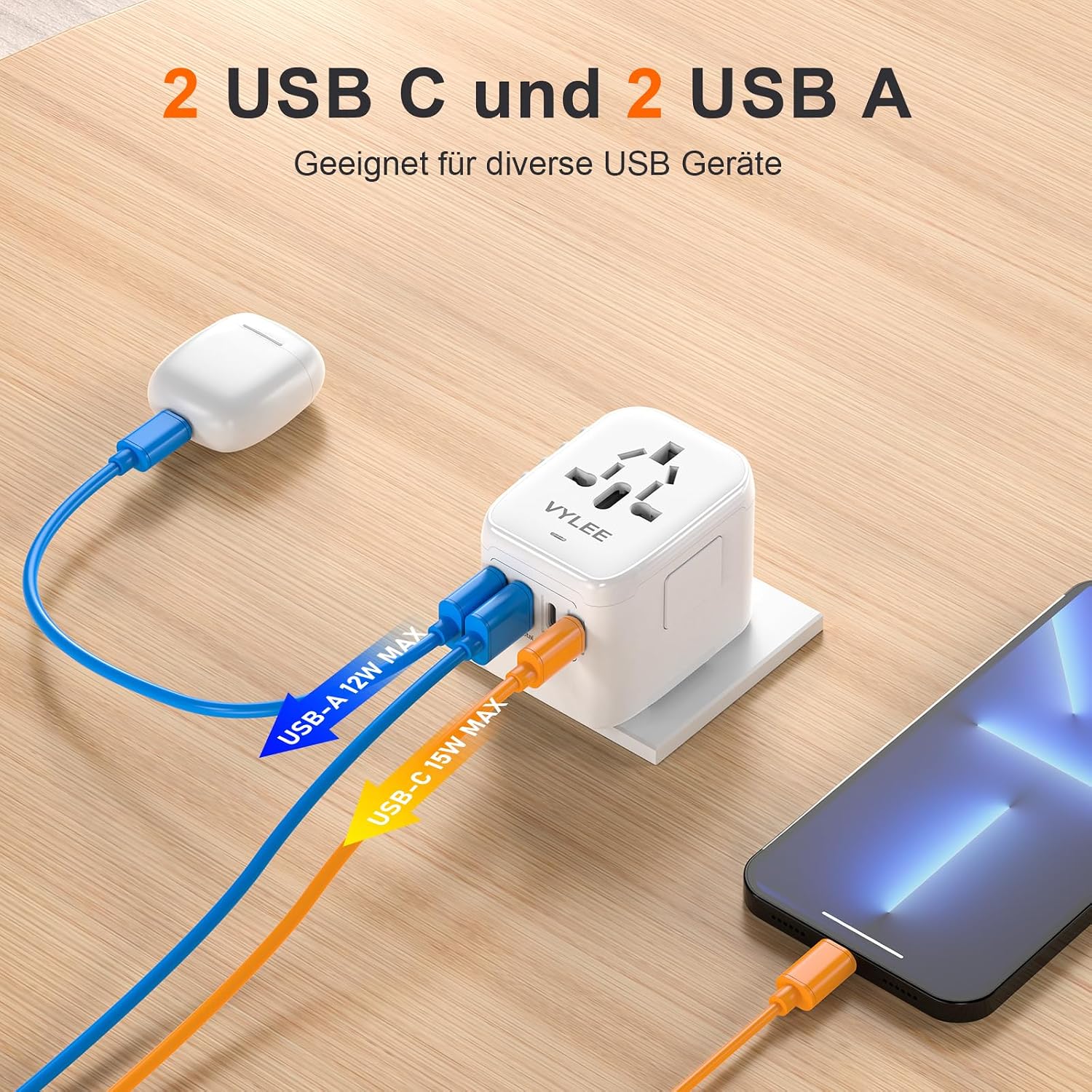Detalle de VYLEE Reiseadapter Weltweit – 5-in-1 mit 2 USB-A, 2 USB-C und Universalsteckern