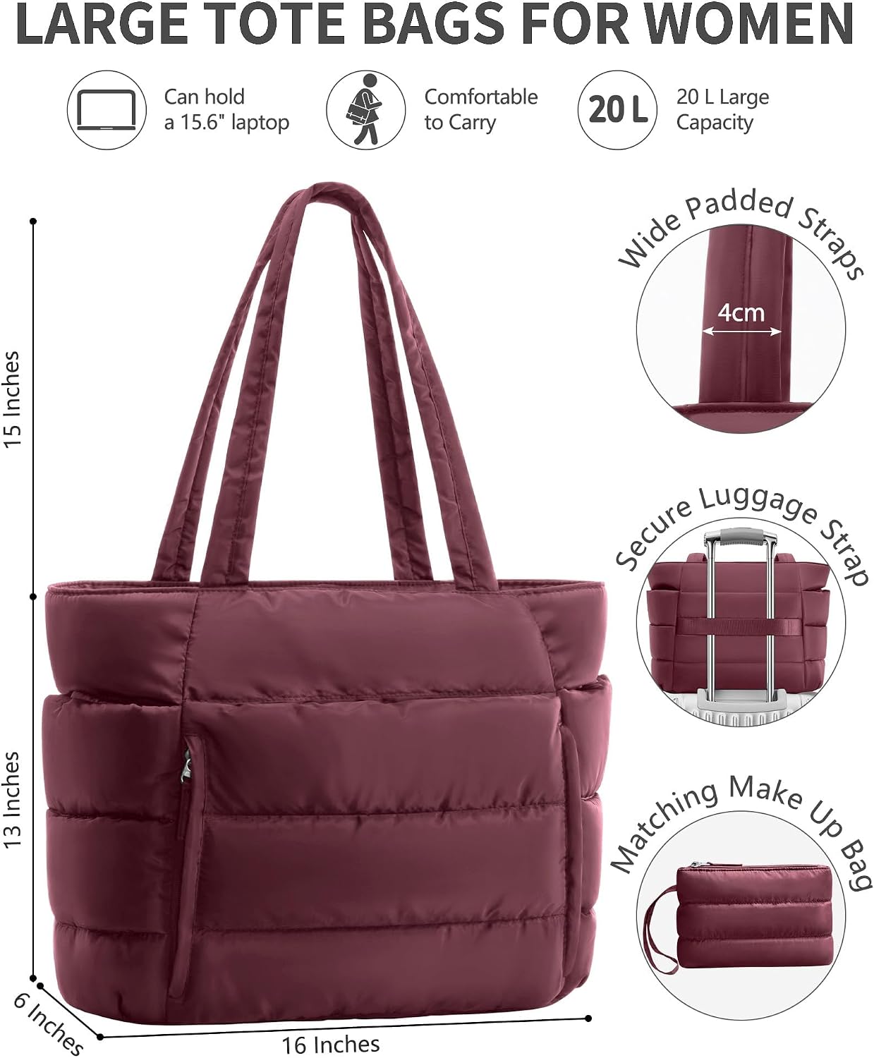 Detalle de Bagstellar Puffer Tote Bag, 16-Pocket 20L Work Tote with 15.6-Inch Laptop Sleeve