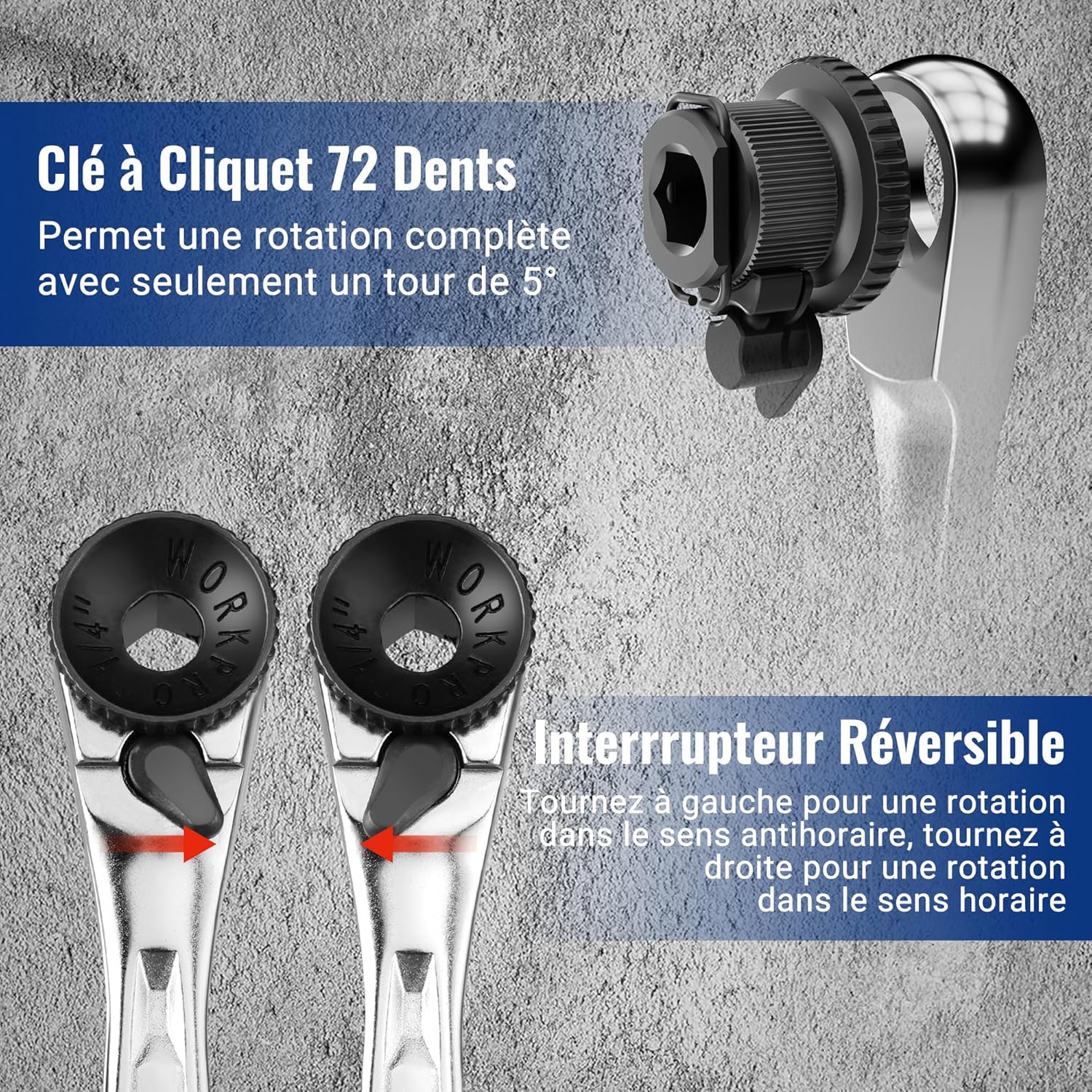 Thumbnail 3 de WORKPRO Mini clé à cliquet double tête 1/4" avec 20 embouts et mécanisme 72 dents (105 mm)