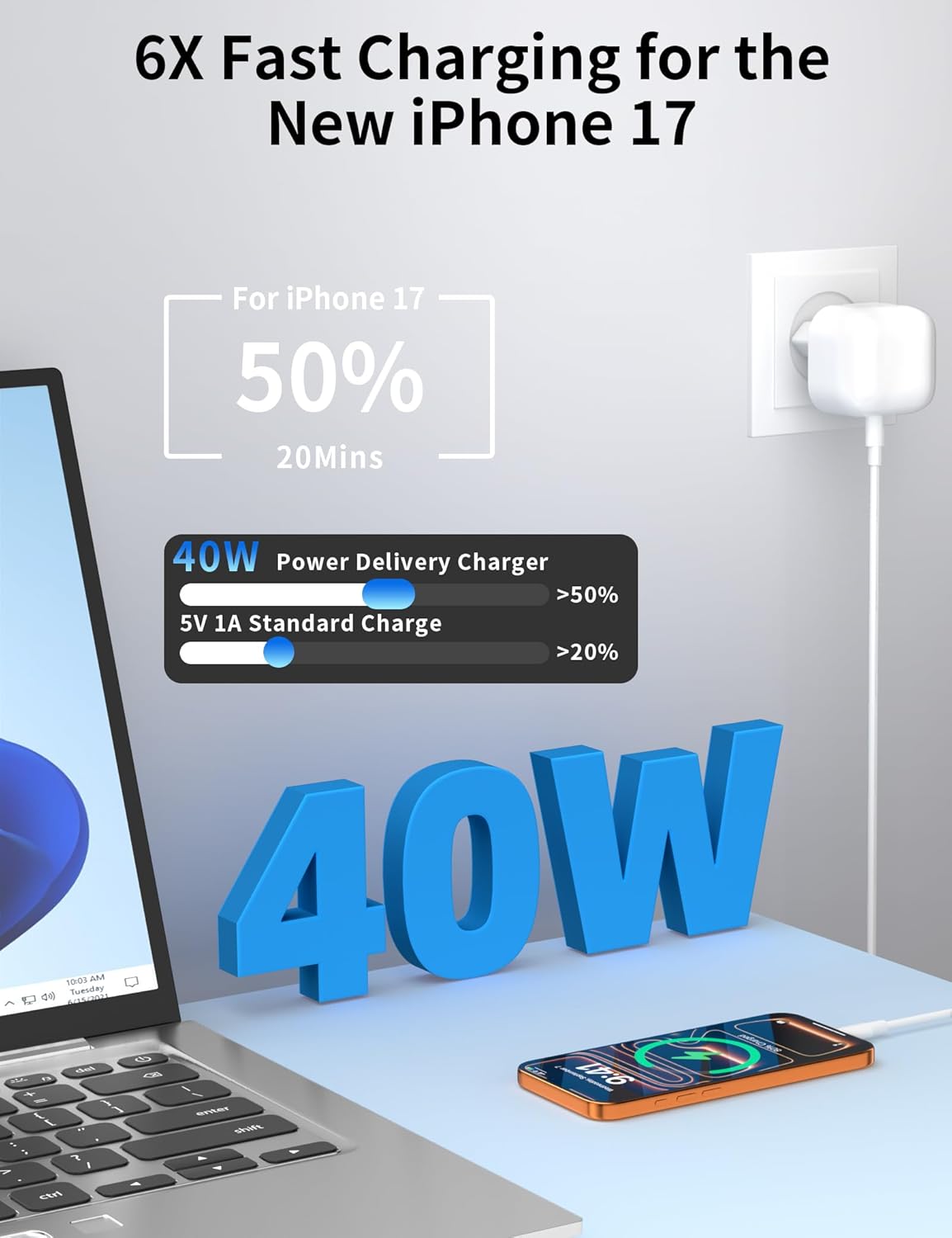 Thumbnail 3 de 40W USB‑C Ladegerät mit USB‑C Kabel (1 m) für iPhone & weitere Geräte – Fast Charger mit PD 3.0