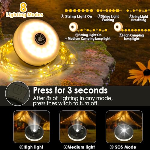 Detalle de GCCATE Camping String Lights, 10M USB Rechargeable 3-in-1 Lantern with 8 Modes