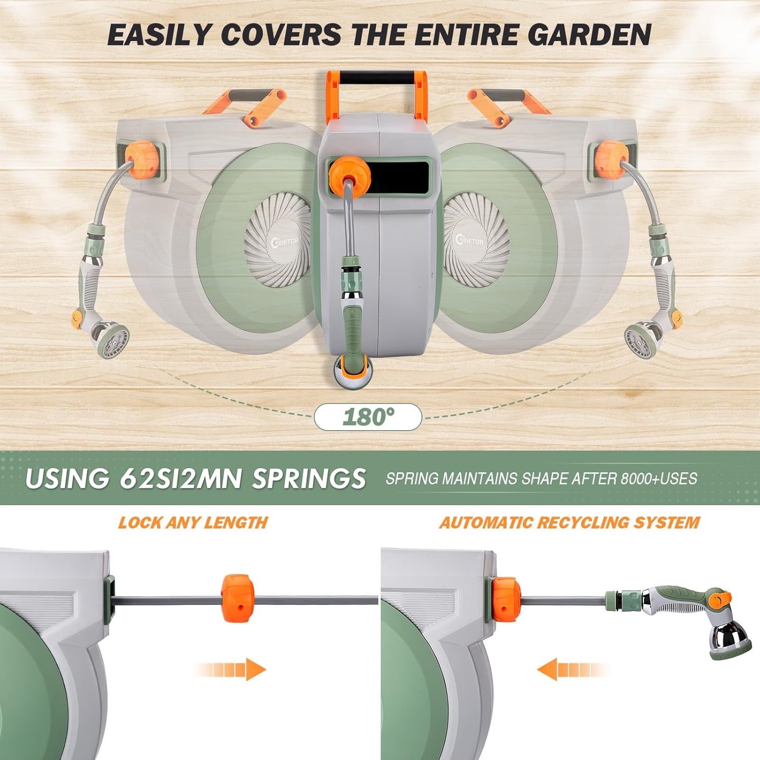 Thumbnail 2 de Bietor Retractable Garden Hose Reel 38m + 2m (Wall Mounted) with Auto Rewind, Auto Lock and 10-Mode Nozzle