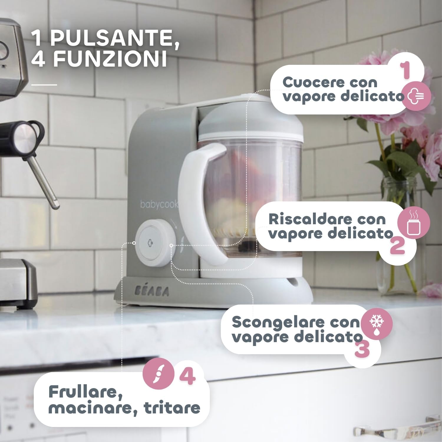 Detalle de BÉABA Babycook Solo: cuocipappa 4 in 1 per neonato e bambino, cottura a vapore rapida