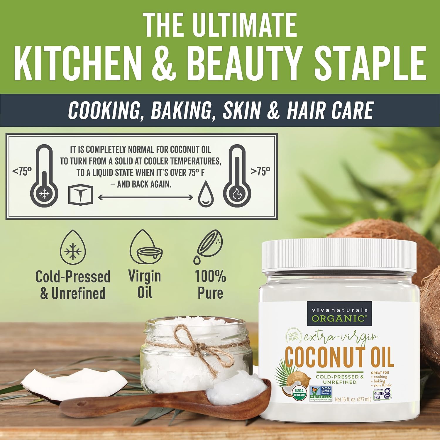 Thumbnail 3 de Viva Naturals Viv-3652 Organic Coconut Oil, 16 fl oz, Cold-Pressed & Unrefined