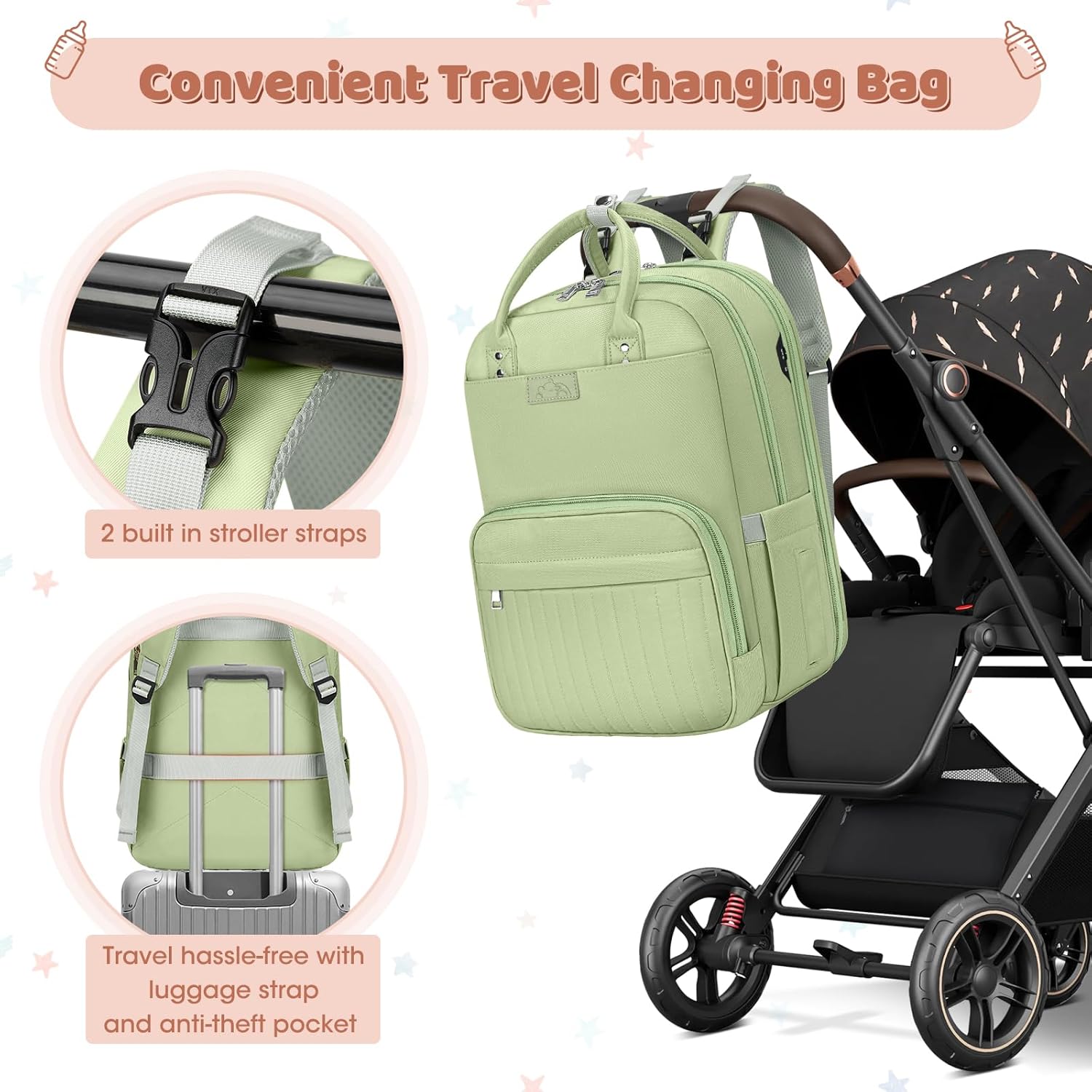 Thumbnail 5 de RAINSMORE Baby Wickelrucksack Groß inkl. Kinderwagengurten und Wickelunterlage – 3-teiliges Set, Schwarz (Hellgrün)