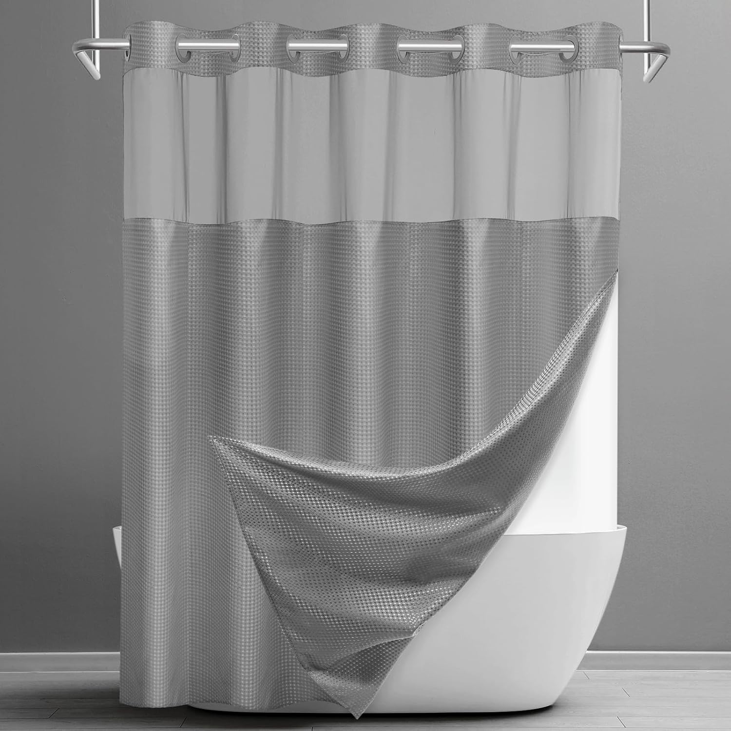 Detalle de SORTTO Ringless Waffle Shower Curtain, 71 x 74 in, Gray with Snap-In Liner