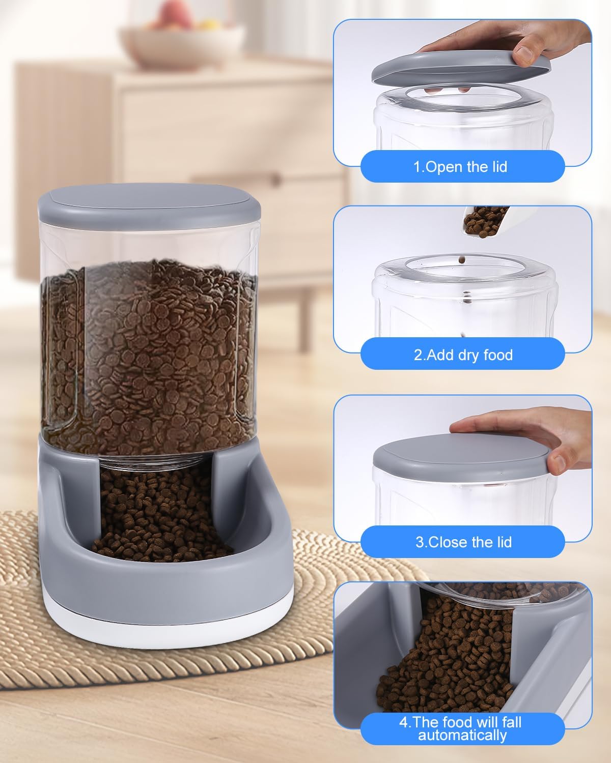 Detalle de Zounin automatische voer- en waterdispenser, 2 x 3,8 l, grijs