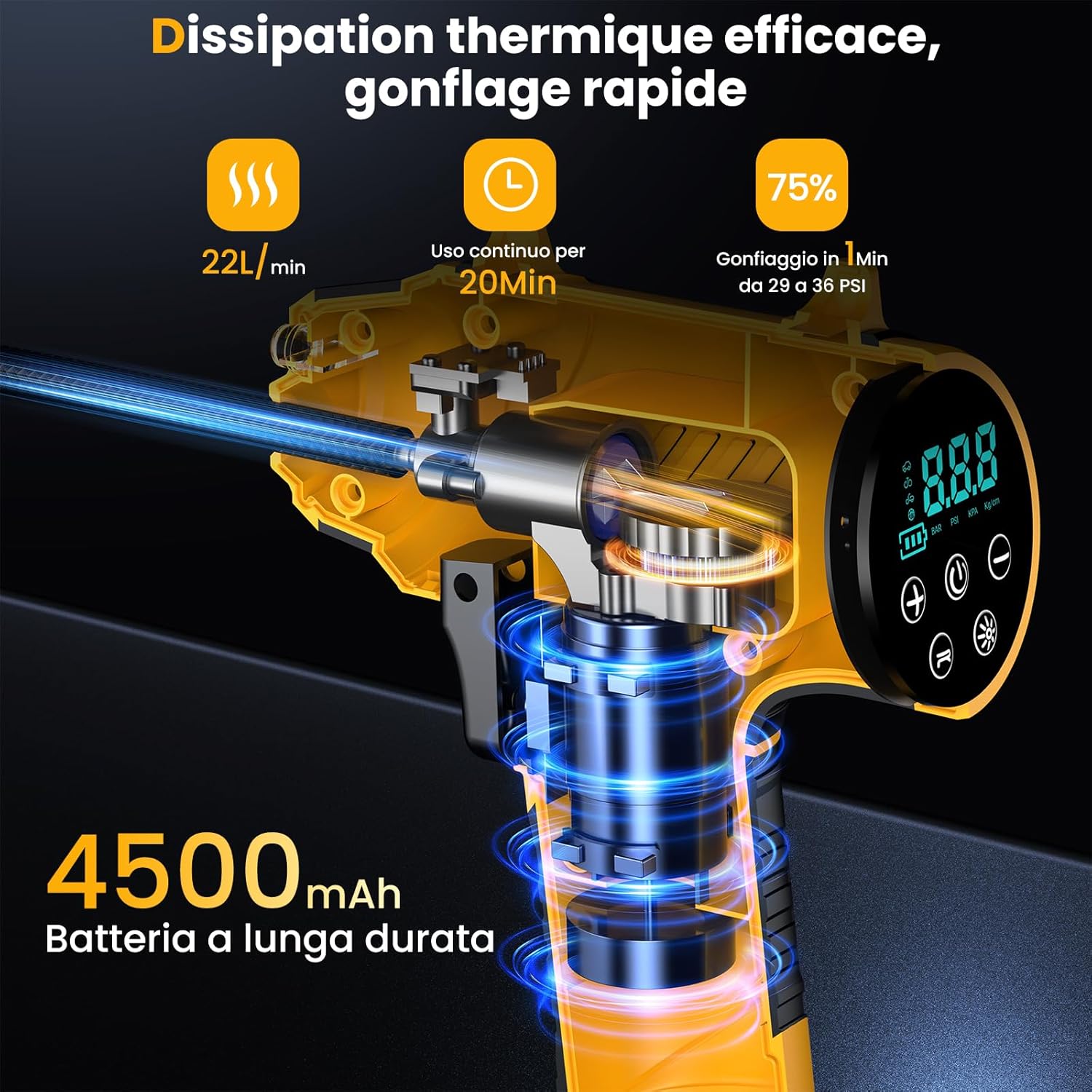 Thumbnail 1 de Ipflin Compressore Aria Portatile Senza Fili – 150 PSI, 22 L/min, Ricaricabile con Spegnimento Automatico