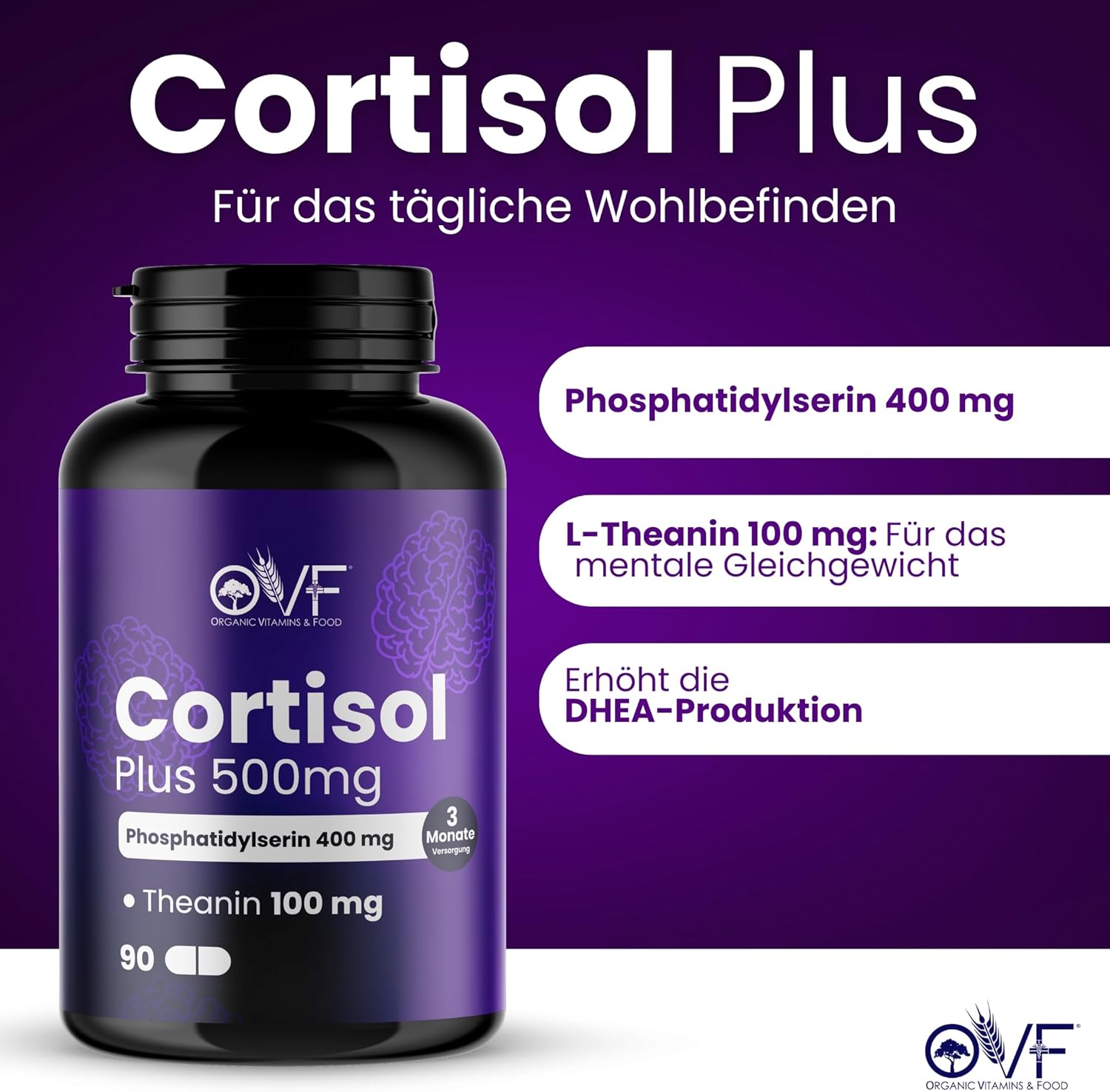 Detalle de OVF Cortisol Plus 500 mg – Phosphatidylserin 400 mg + L-Theanin 100 mg | 90 Kapseln