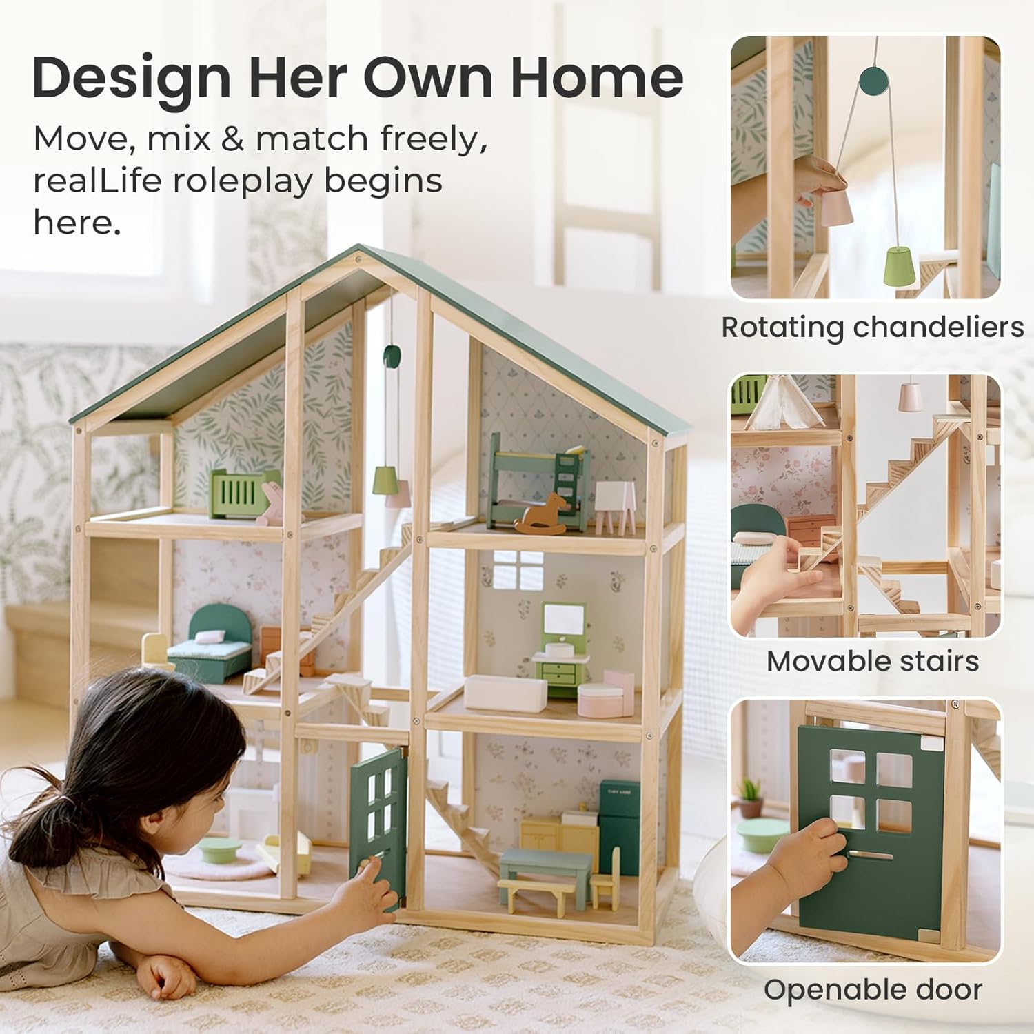 Thumbnail 6 de Tiny Land Wooden Dollhouse for Girls – 6 Rooms, 31-Piece Furniture Set, Green