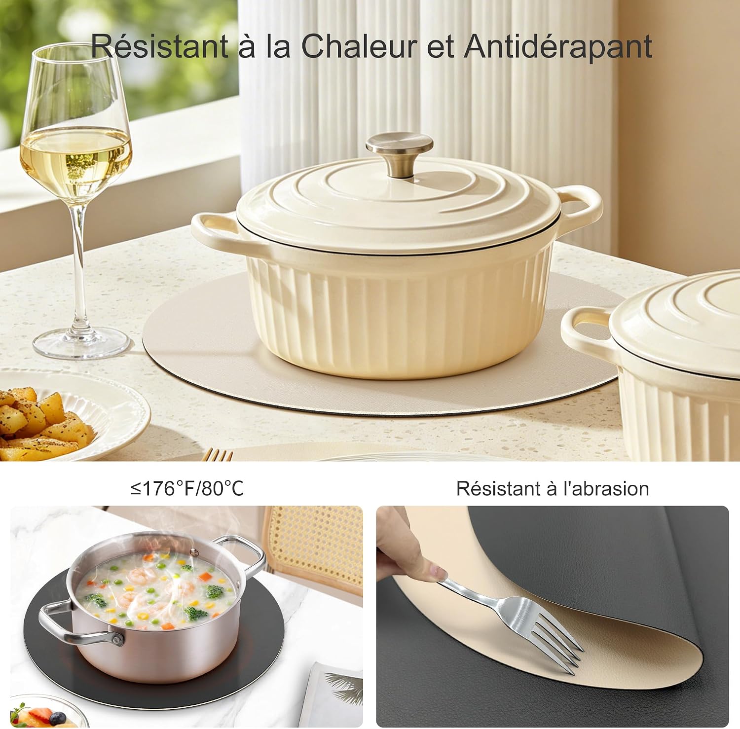 Detalle de KitchenBoss Sets de Table Ø 38 cm – Lot de 6, Dessous de Table et Verre en Similicuir Charcoal Grey + Beige
