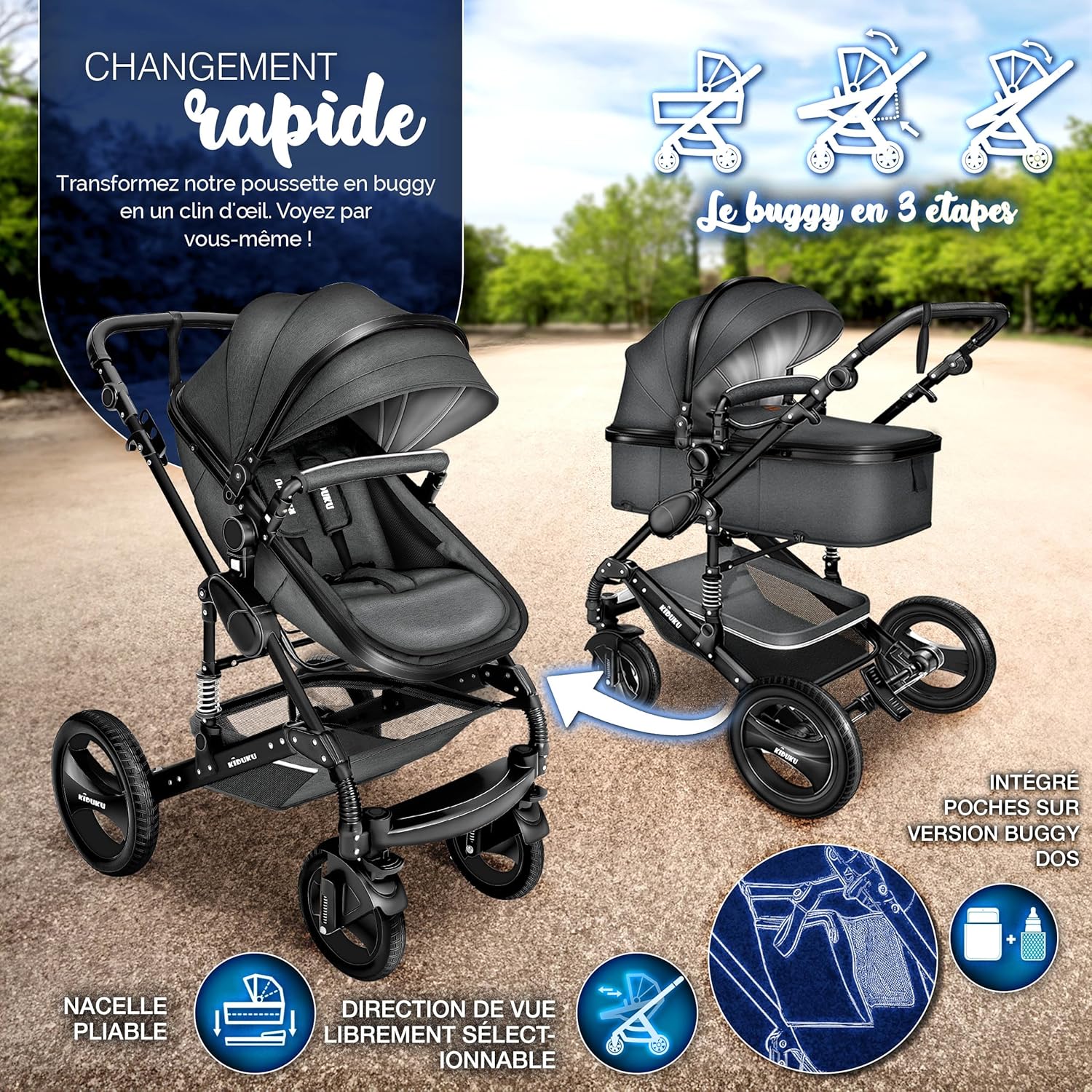 Detalle de KIDUKU Poussette Combinée 3 en 1 — Trio polyvalent pour enfants (Anthracite)