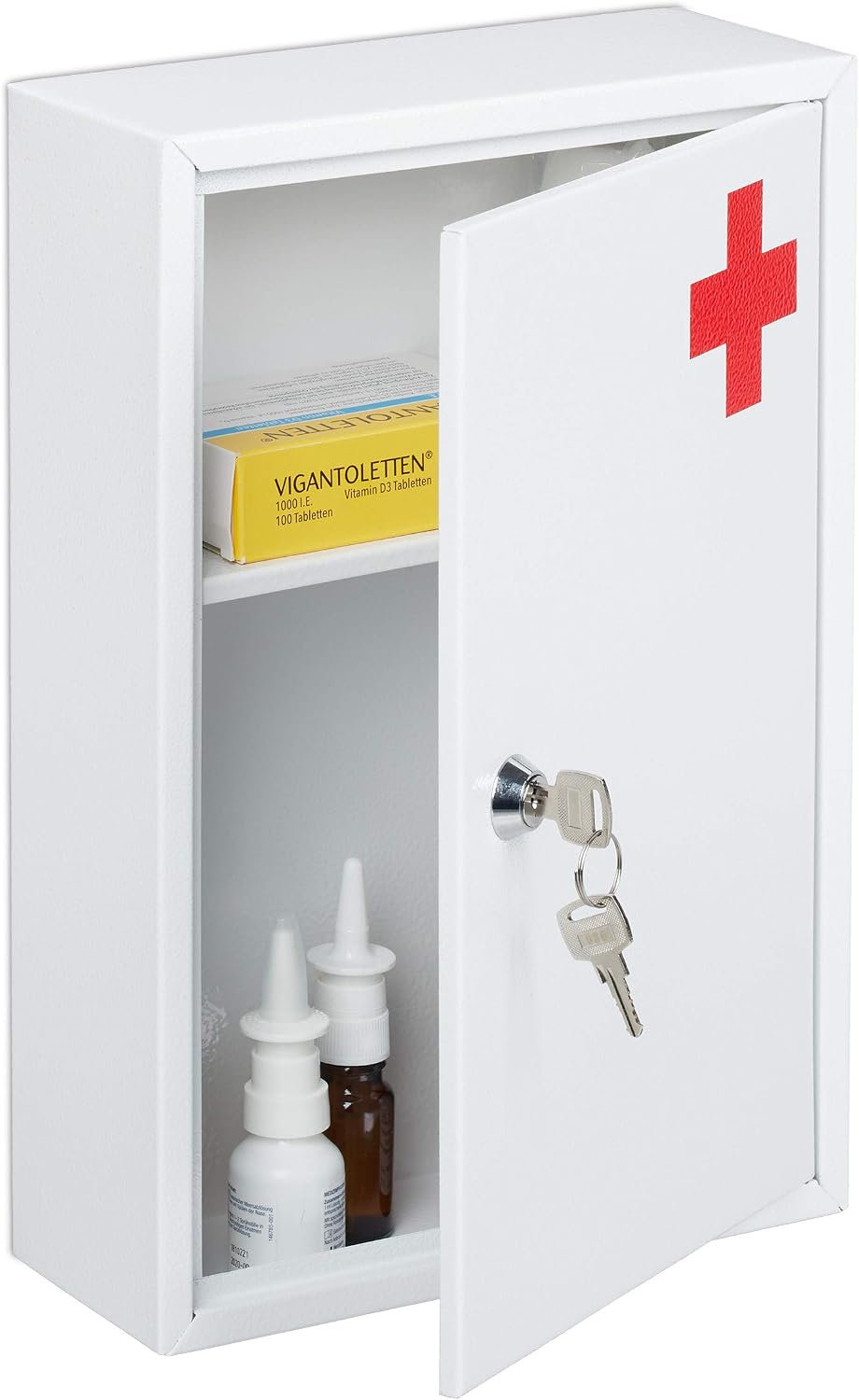 Detalle de Relaxdays 10030698 Lockable Metal Medicine Cabinet, 2 Compartments, White/Red