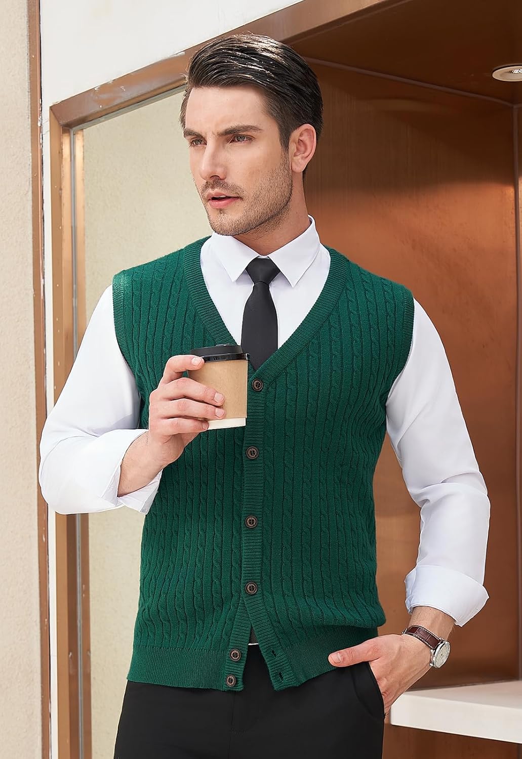 Thumbnail 1 de KUYIGO Men's V Neck Knitted Gilet Vest with Buttons – Premium Cable-Knit Tank Top