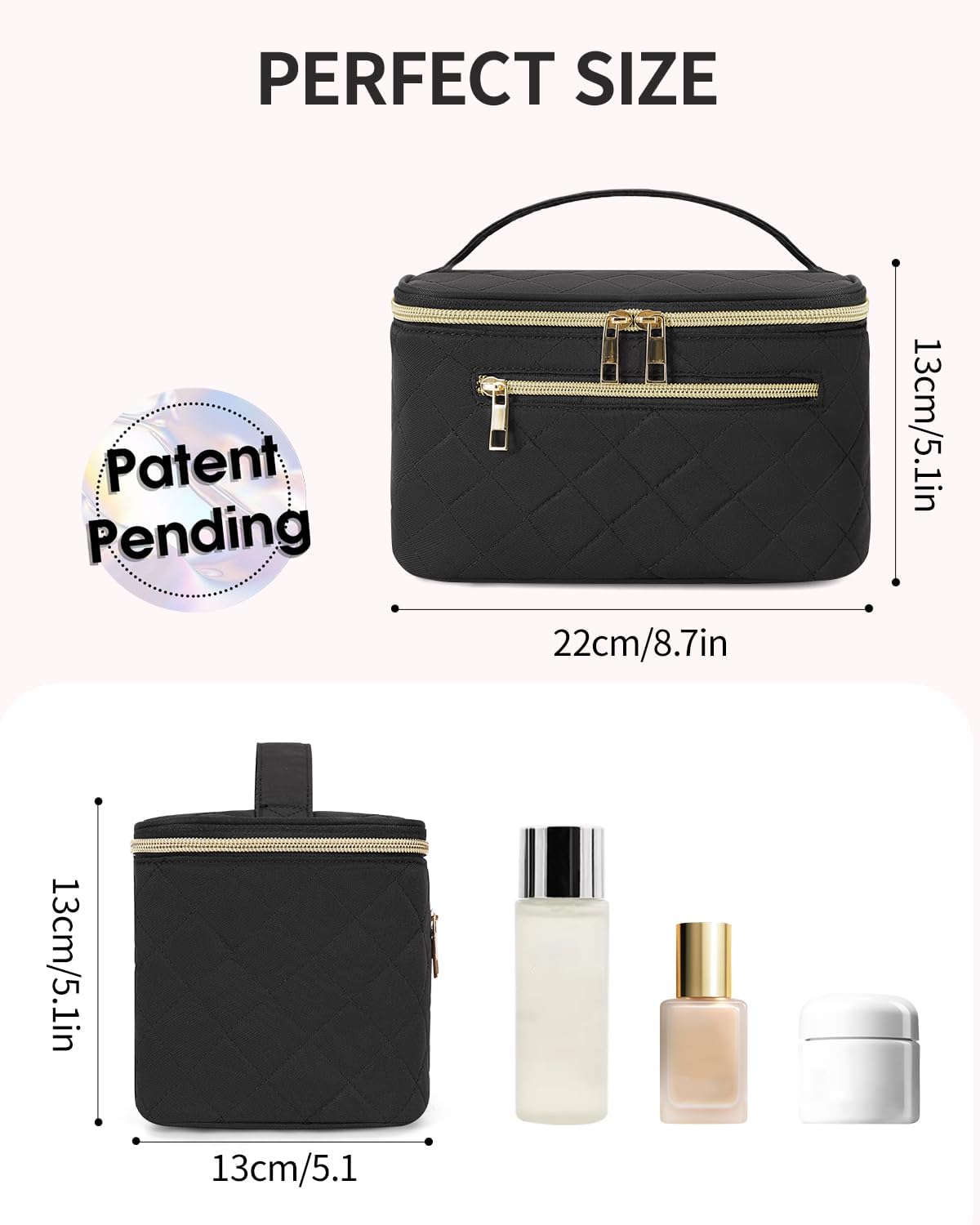 Detalle de Travel Quilted Makeup Bag with Brush Compartment (Patent Pending) – Large Black Cosmetic Case