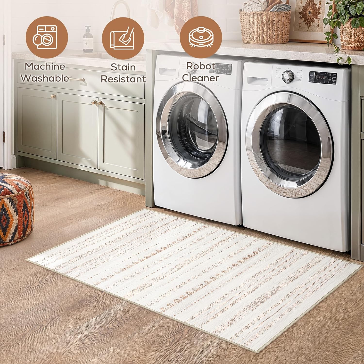 Thumbnail 3 de Nakagishi U23019K Boho Area Rug, 3' x 5', Beige Brown, Machine Washable