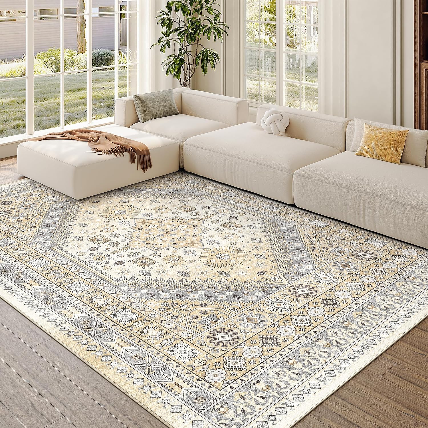 Detalle de zesthome X 5' x 7' Beige Washable Area Rug, Low-Pile Vintage Style