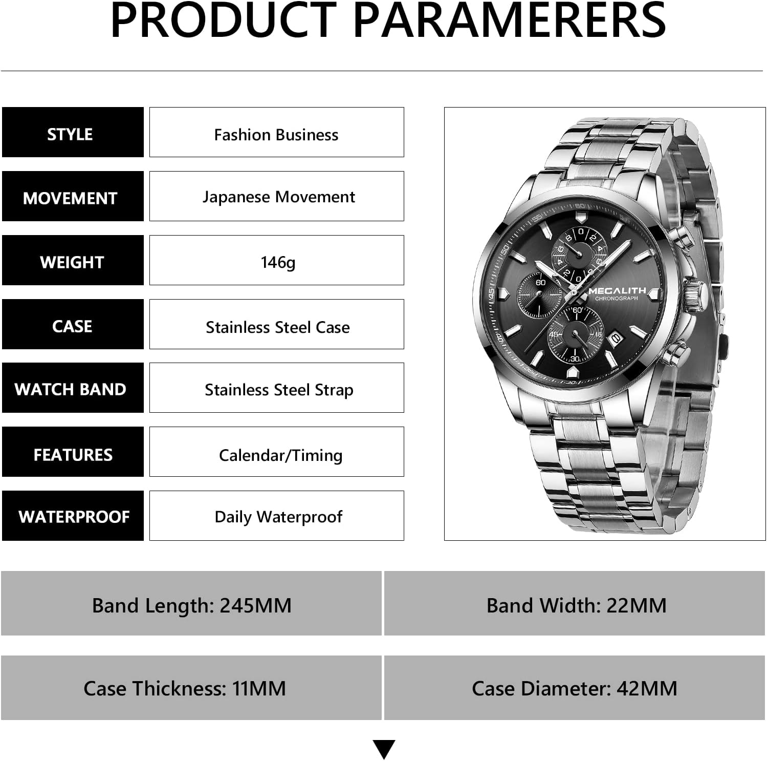 Thumbnail 6 de MEGALITH Herren Uhr Edelstahl Armbanduhr – Chronograph, Quarz, 3 ATM, Leuchtzeiger