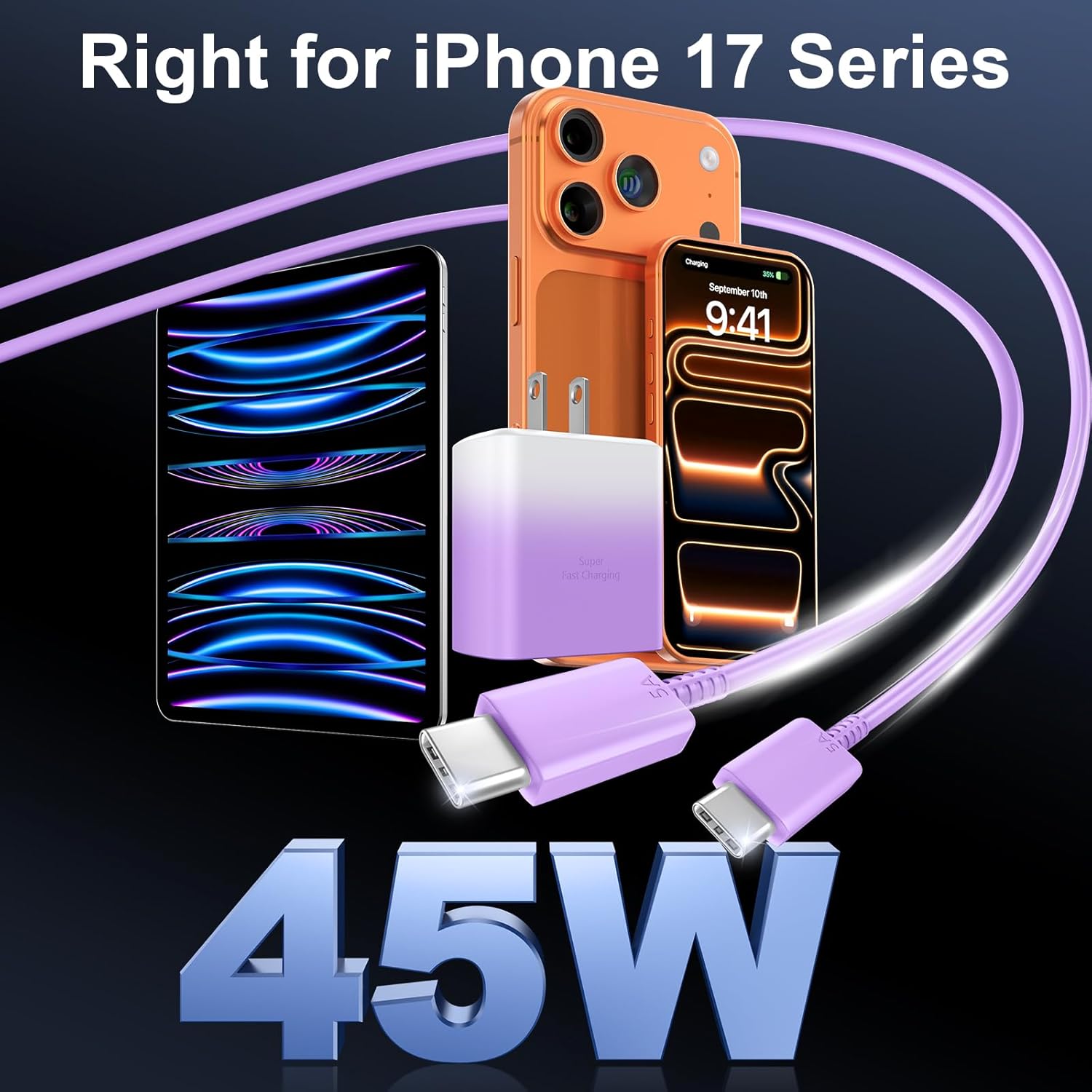 Detalle de Phone 16 Pro Max Charger Fast Charging – 45W USB-C Block + 10ft Cable