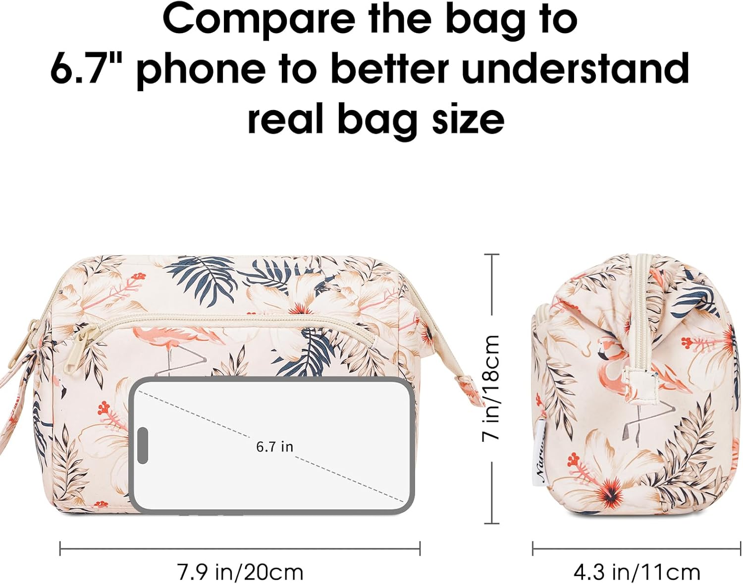 Detalle 1 de Narwey Klein Kulturtasche Damen – Weit geöffnete Kosmetiktasche mit Fächern, Beige Flamingo