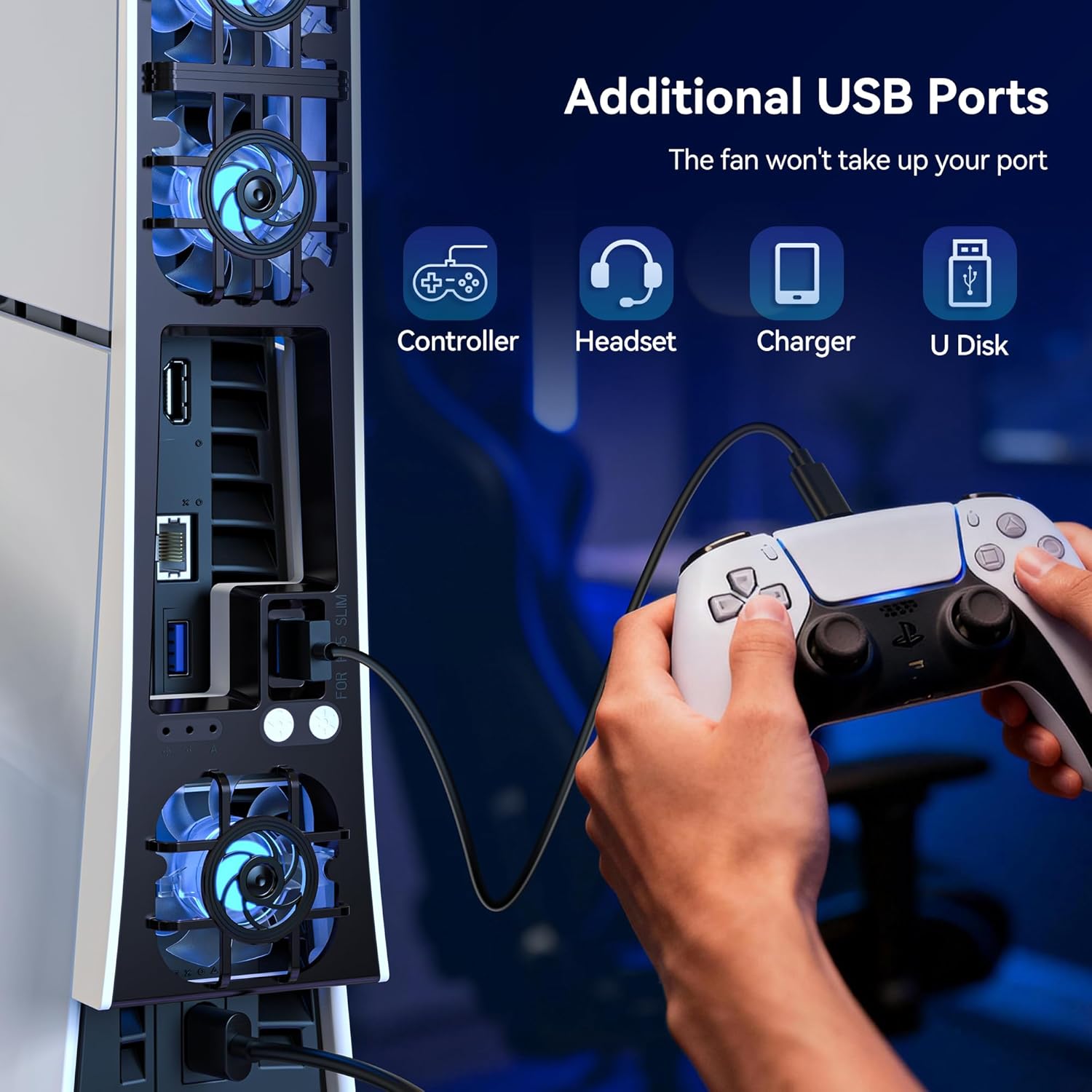 Thumbnail 5 de NEWDERY Cooling Fan for PS5 Slim Console – quiet temperature-adjustable fan with USB 3.0 pass-through and dynamic RGB