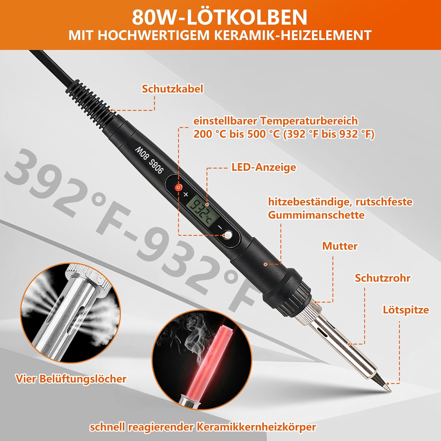 Detalle de 450 Stk Gewindeeinsätze Lötspitzen Set mit LCD-Lötkolben – 80 W, 7 Spezialspitzen, Adapter & Ständer