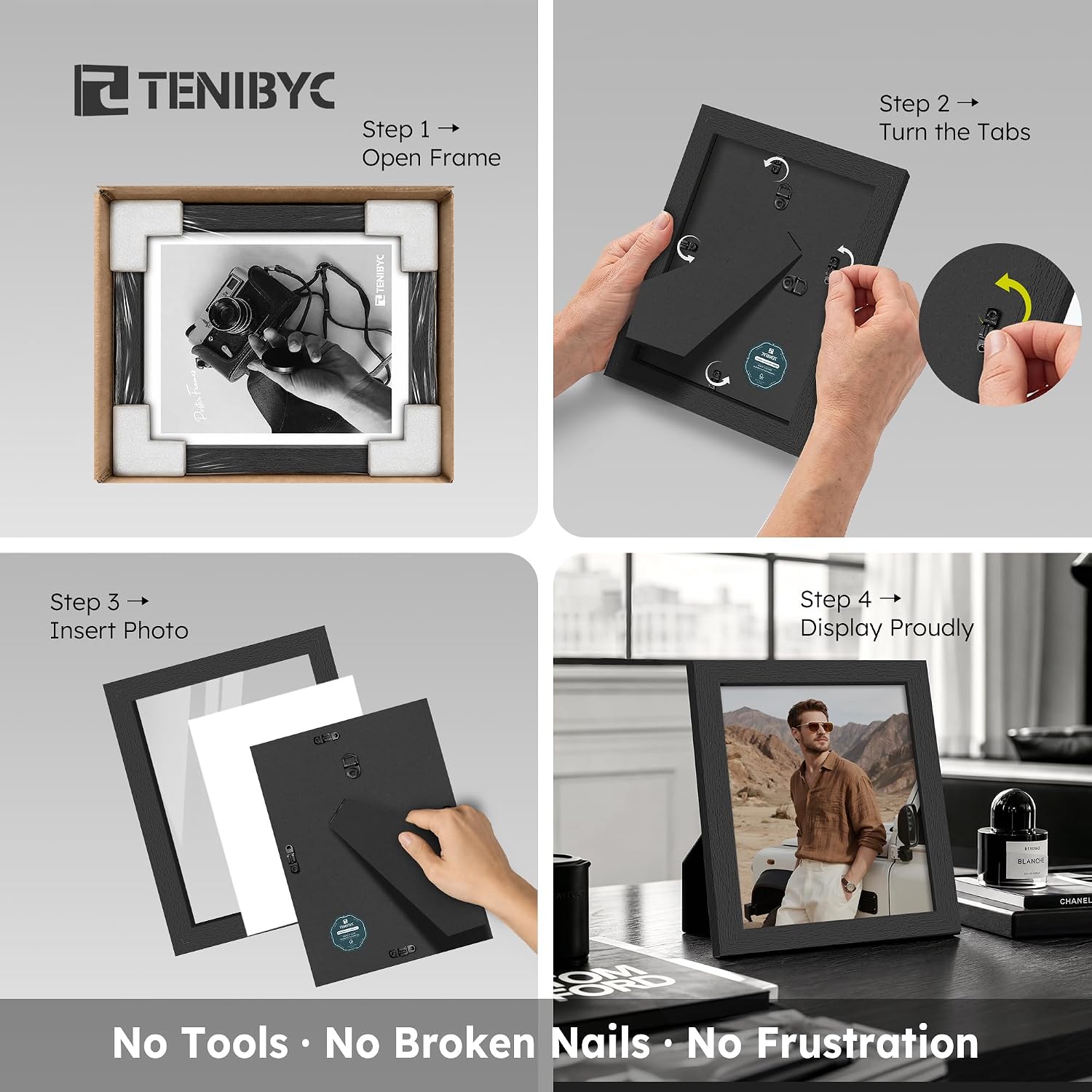 Detalle 2 de TENIBYC 5x7 Picture Frame 3 Pack – Black Woodgrain, Solid Wood & HD Tempered Glass