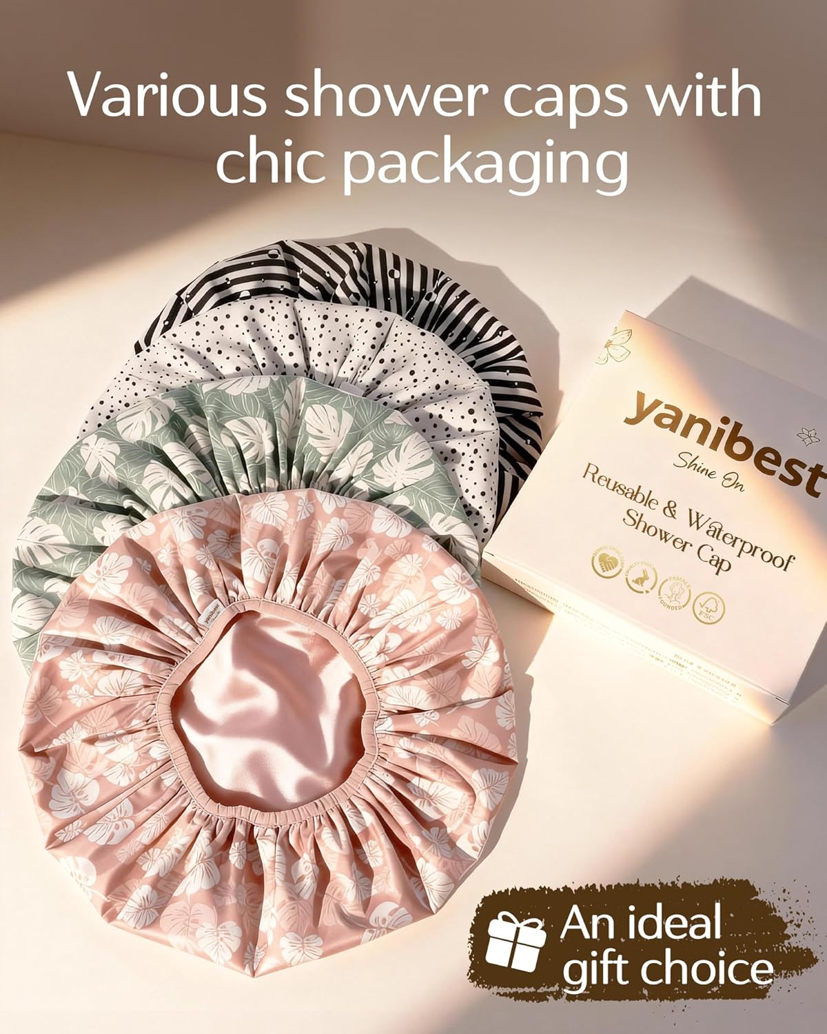 Thumbnail 6 de Yanibest Shower Cap for Women - Frizz Free Satin Lined, Waterproof, Large Double Layer Reusable with Soft Elastic Band
