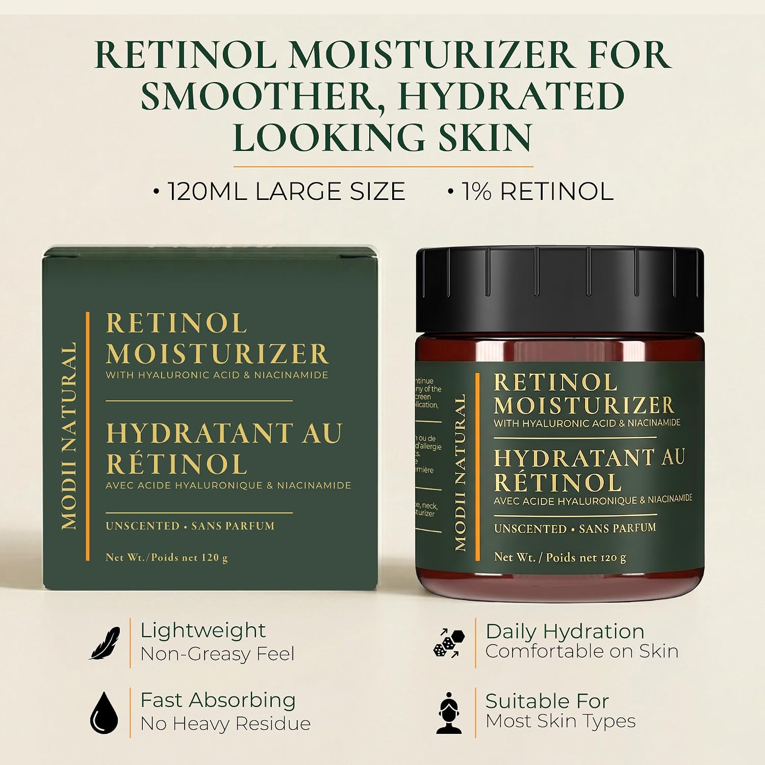 Detalle de Modii Natural Retinol Face Moisturizer, 1% Retinol Cream, 120 ml