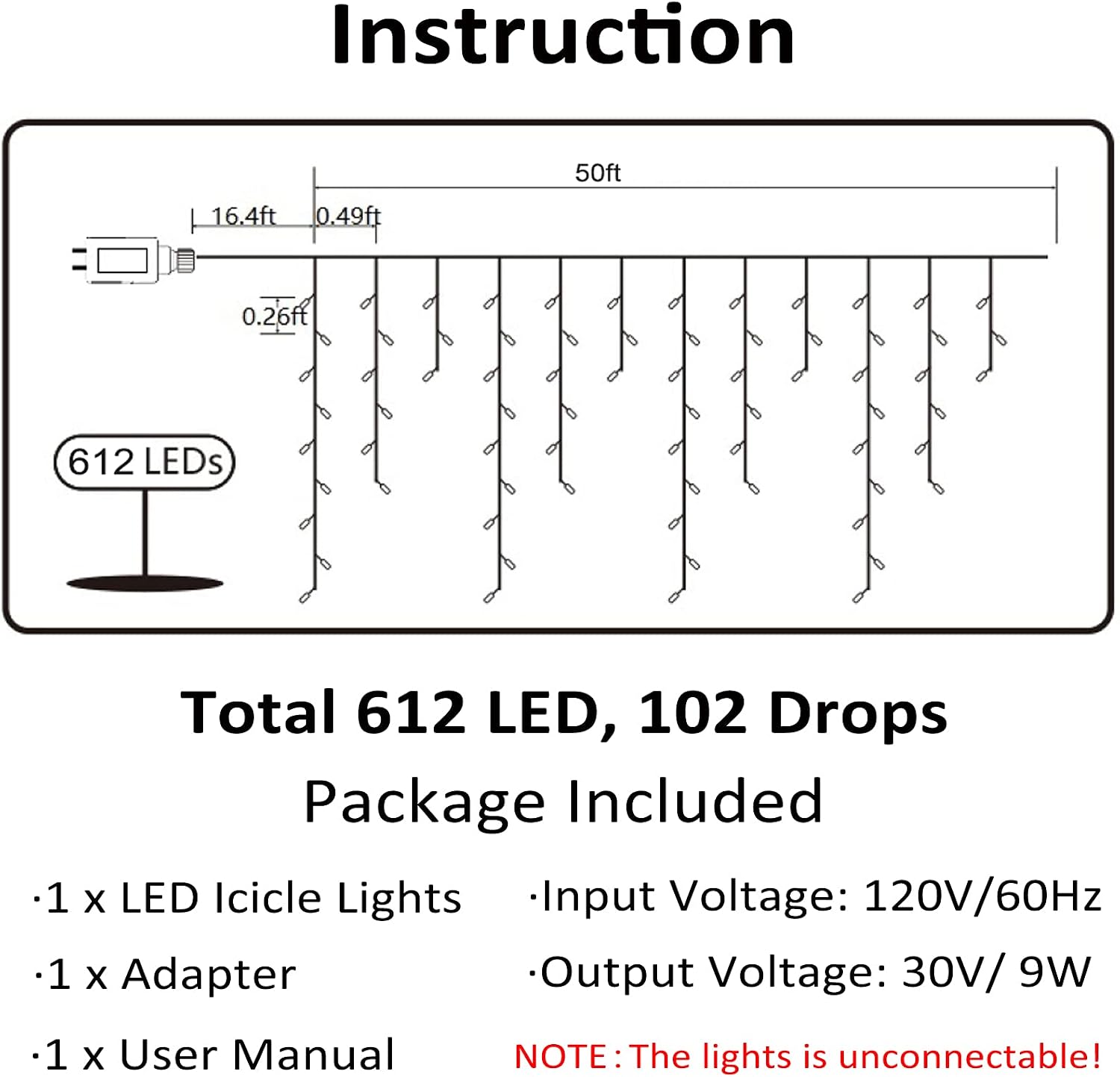 Thumbnail 6 de Toodour LED08230612 Icicle Lights, 612 LEDs, 50 ft, 8 Modes, Warm White