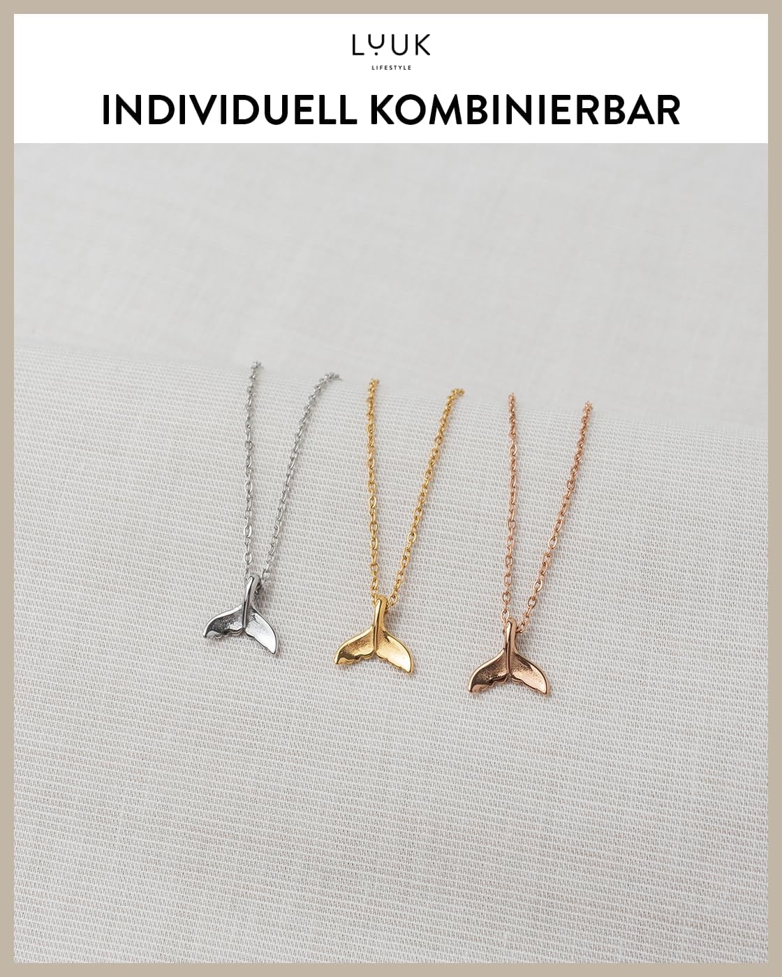 Thumbnail 4 de LUUK LIFESTYLE Halskette mit Walflossen-Anhänger, Happiness-Spruchkarte & Edelstahl – filigran in Silber, Gold oder Rosé
