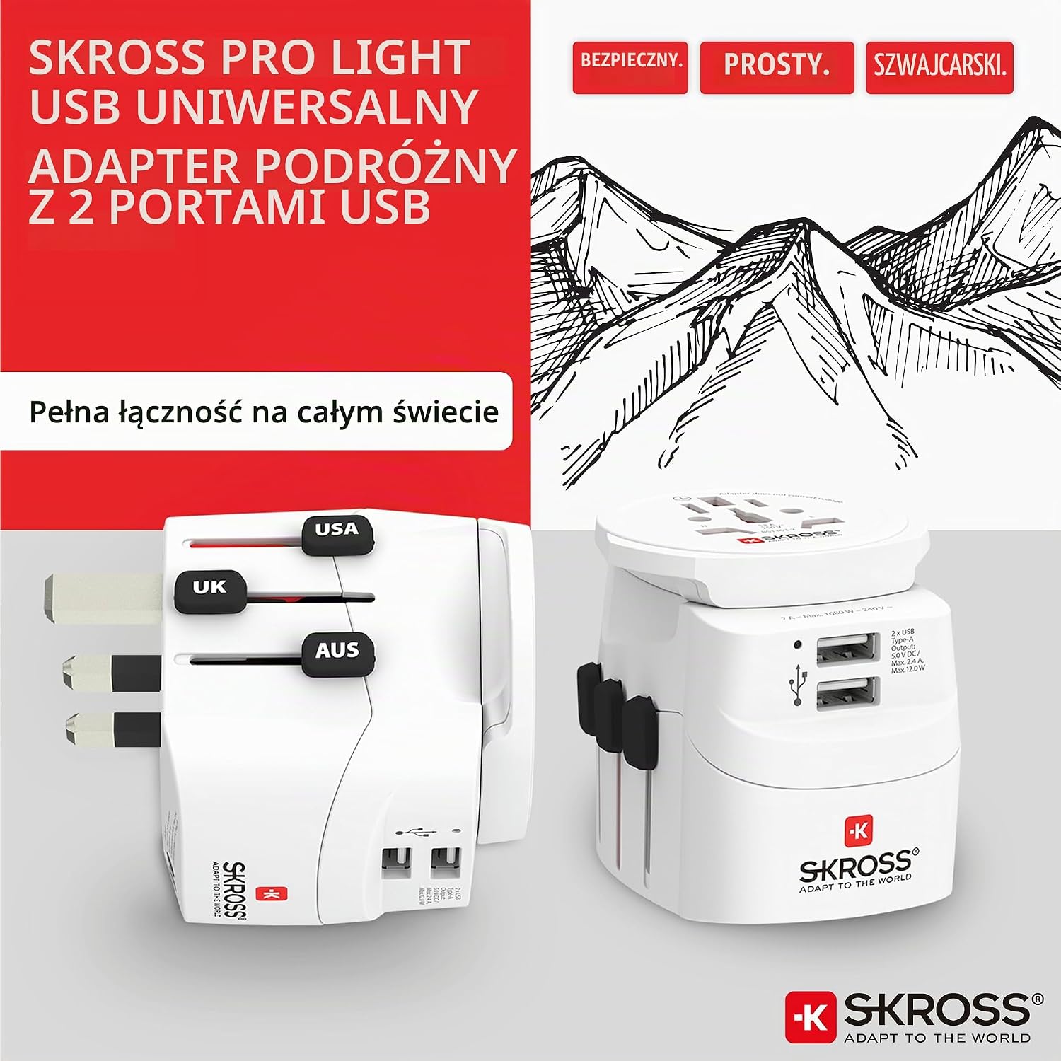 Detalle de SKROSS PRO Light USB (2xA) – 3-biegunowy adapter podróżny z 2 portami USB