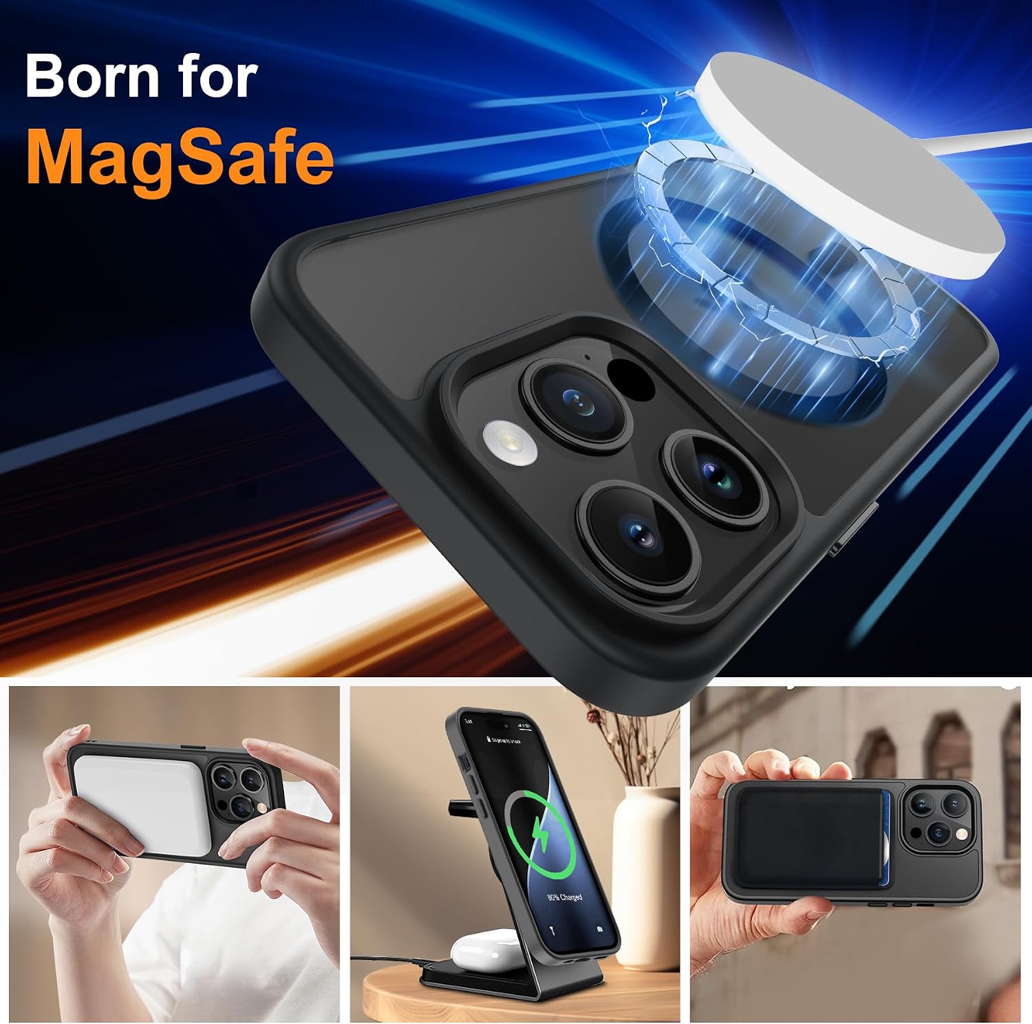 Detalle de ORETECH Hülle für iPhone 14 Pro Max (6,7 Zoll) mit Mag-Safe, stoßfester Rückseite & 2 Displayschutzfolien – Schwarz